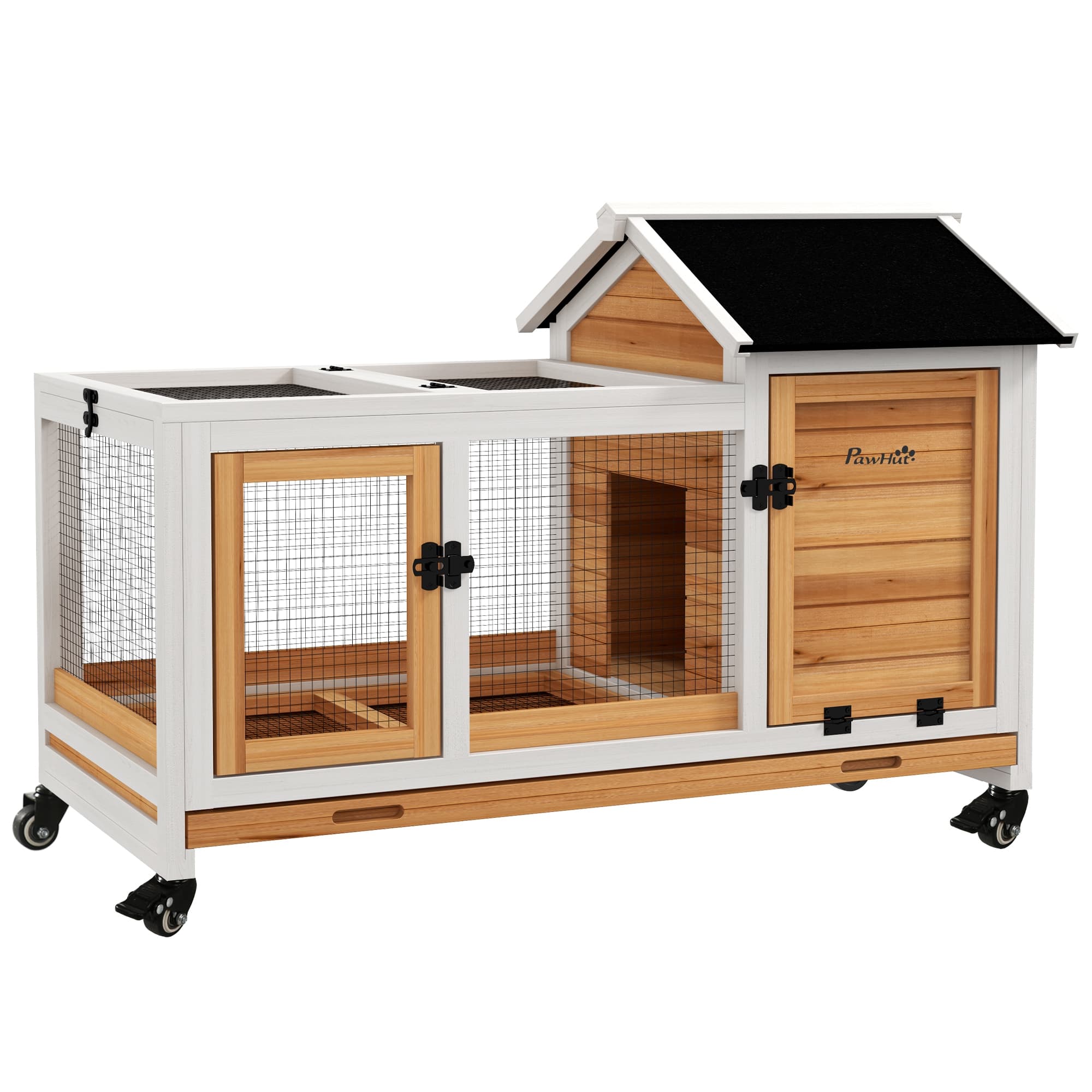 PawHut Cage à lapin extérieur Clapier cage à lapins rongeurs sur roulettes 2 portes verrouillables - 108 x 58 x 73,5 cm bois massif jaune