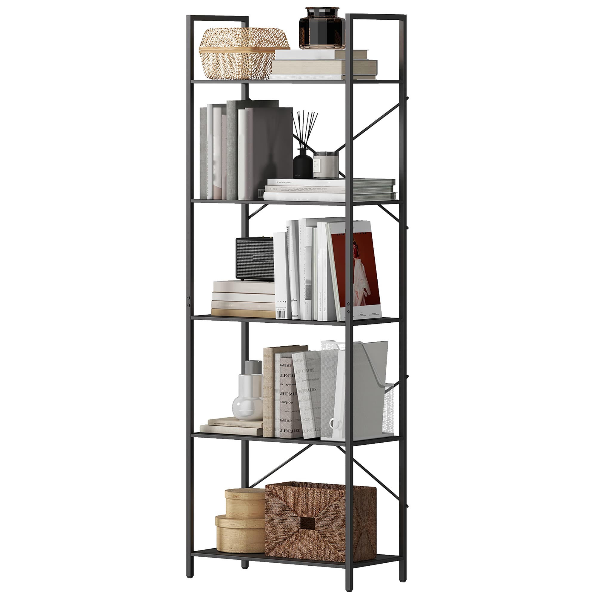 HOMCOM Étagère, étagère sur pied à 5 niveaux, étagère de bureau industrielle avec cadre métallique, rangement ouvert pour salon, bureau, pièce de travail, 60x30x170,5 cm, Noir