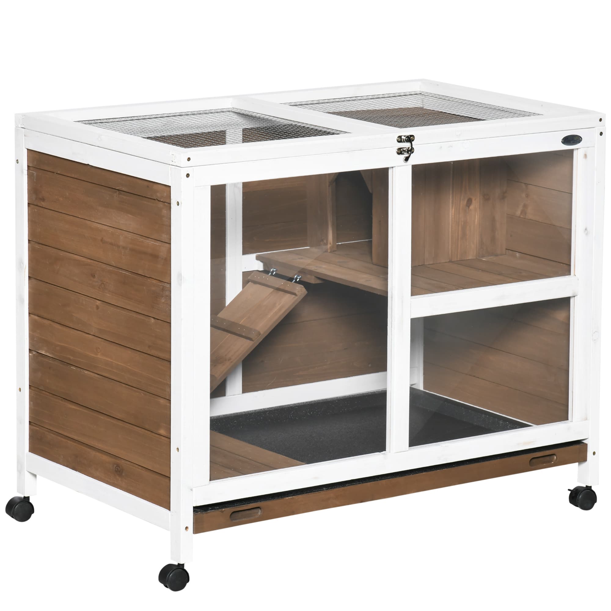 PawHut Cage à lapin clapier sur roulettes petit enclos aninaux en bois massif 2 étages toit ouvrant 91,5 x 53,3 x 73 cm marron