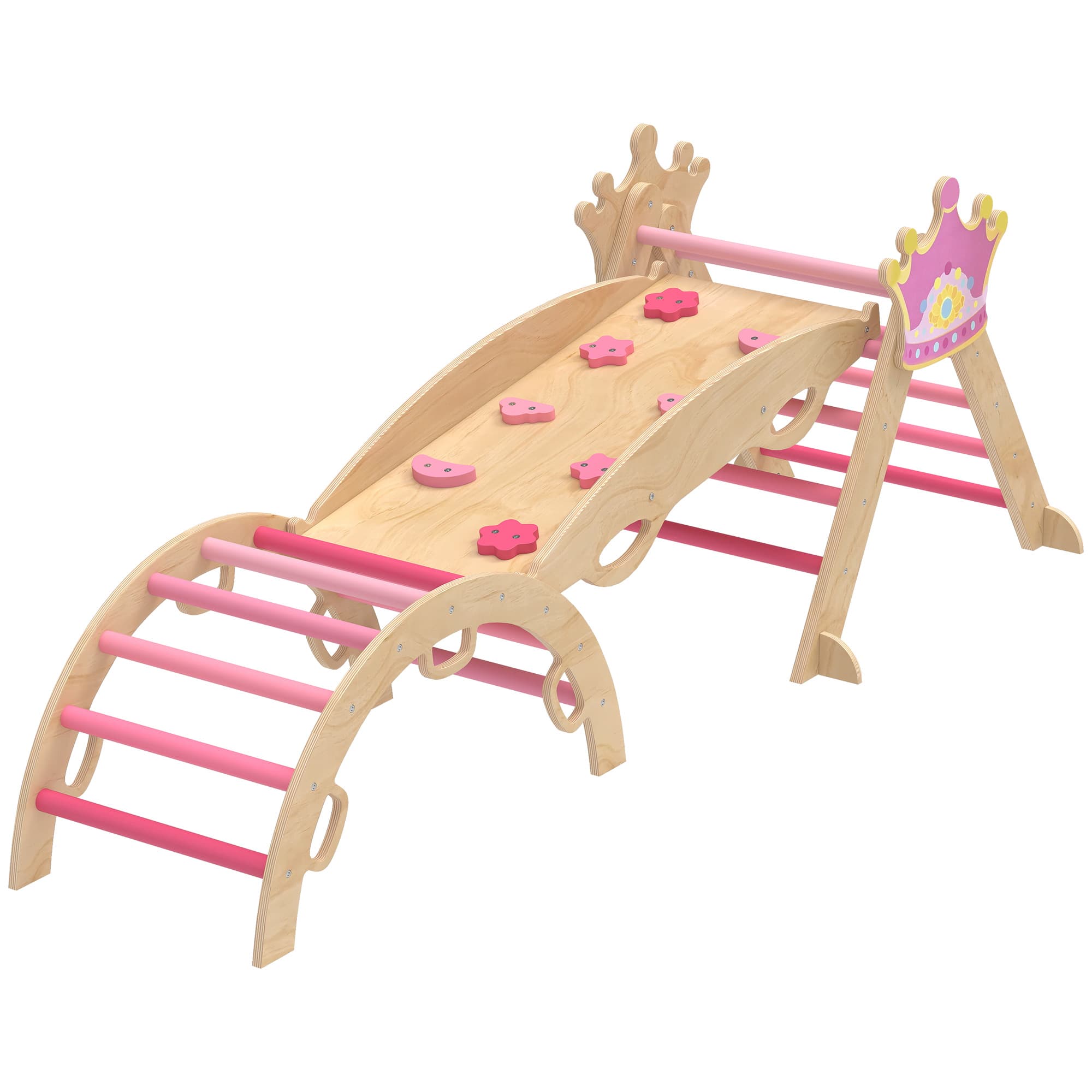 AIYAPLAY 8 en 1 Triangle d'escalade en bois Structure d'escalade Montessori Thème couronne avec arche et rampe Rose
