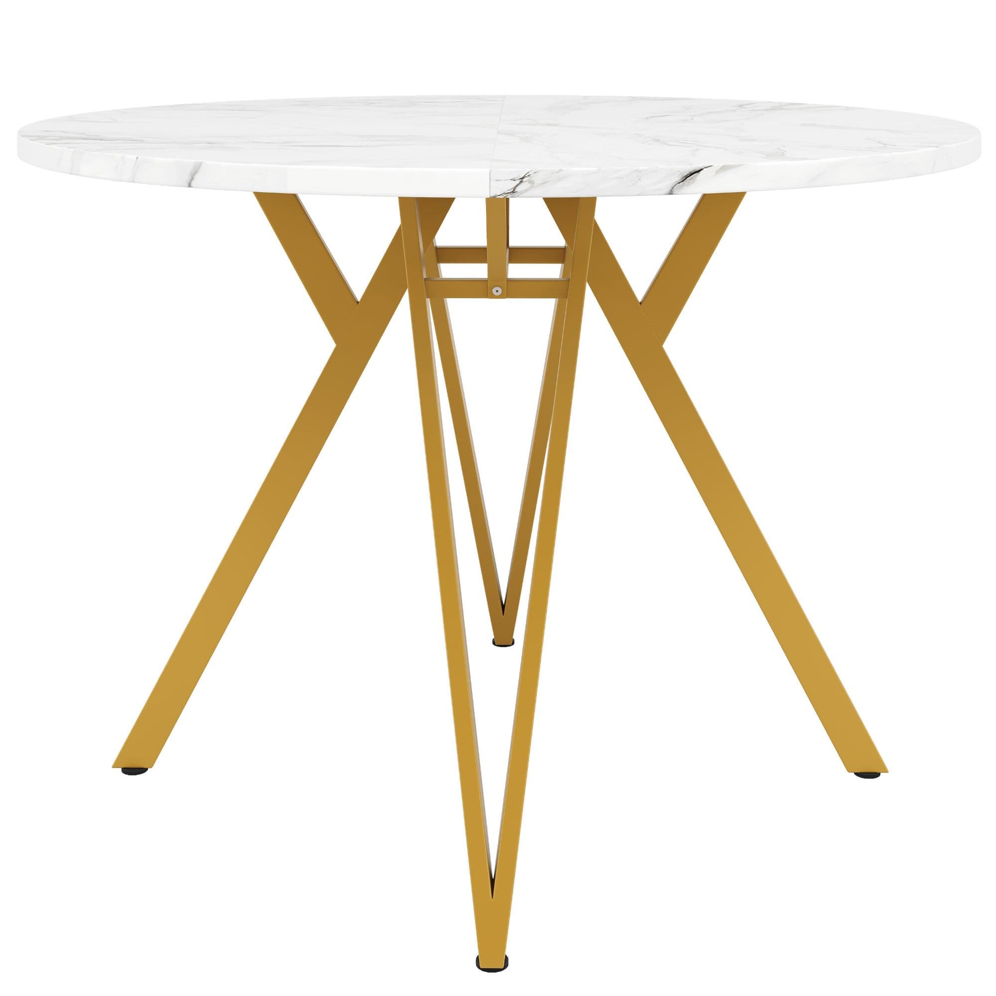 Table à manger ronde pour 4 personnes, plateau en MDF, 100x100x76 cm, Blanc+Or