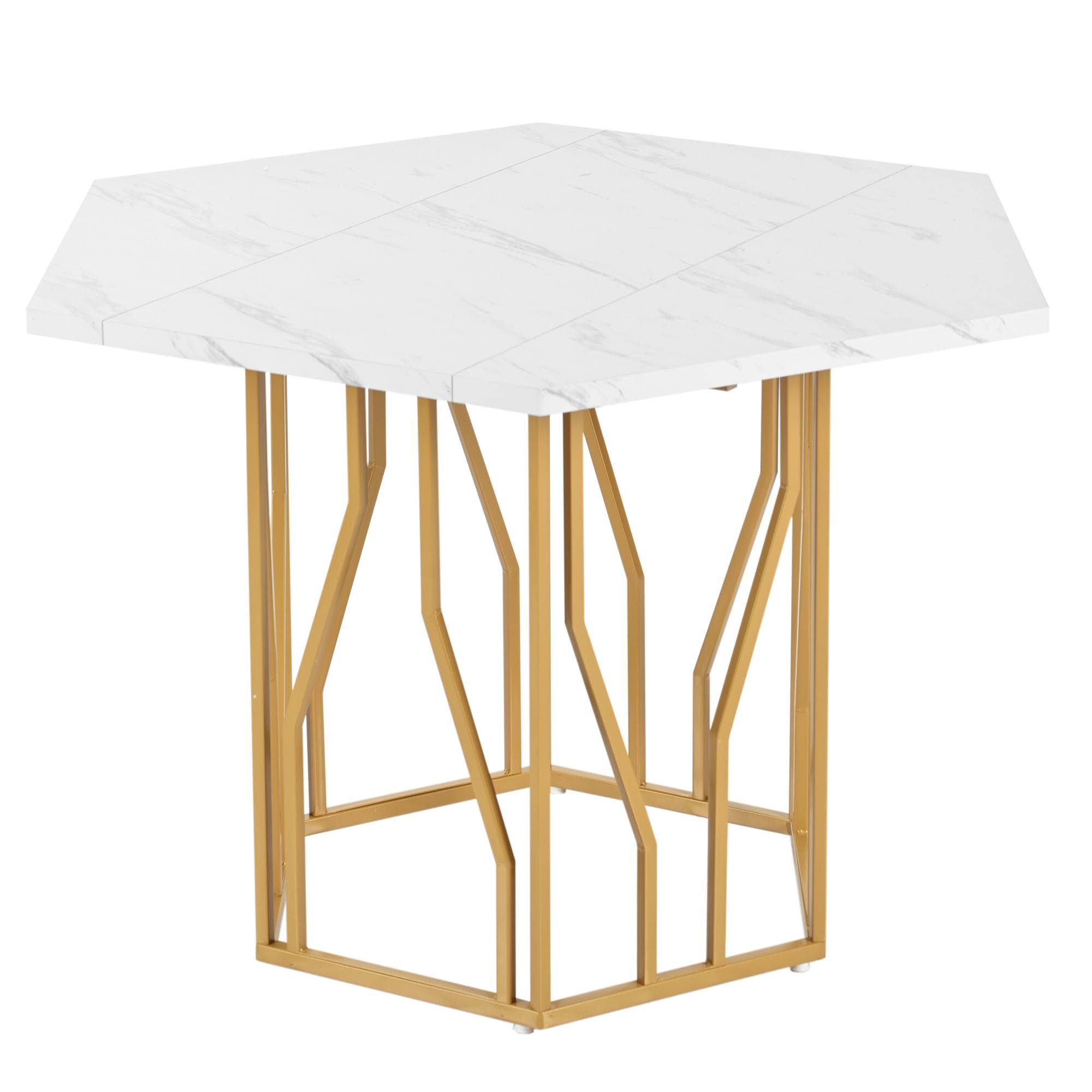 Table à manger hexagonale moderne, pieds en métal doré, 115,5x100x75 cm, Blanc+Or