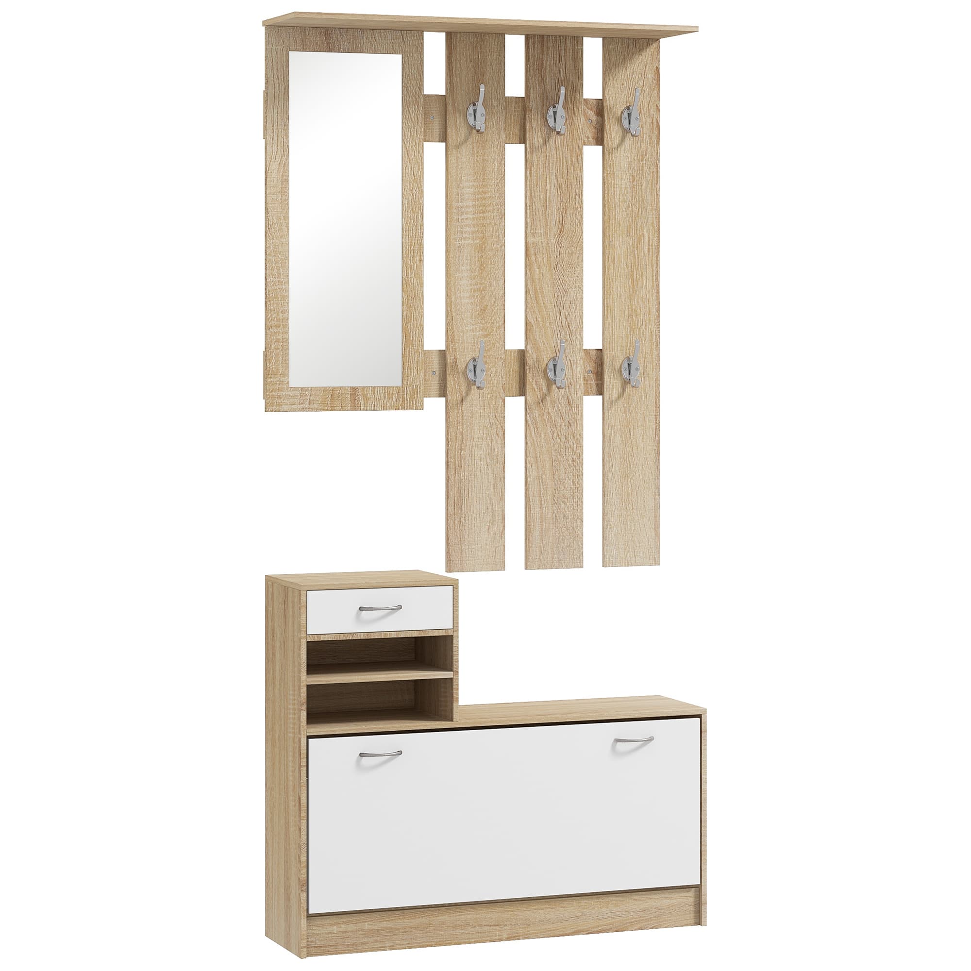 HOMCOM Meuble d'entrée vestiaire avec panneau porte-manteau, miroir et banc à chaussures - 6 crochets et étagère réglable