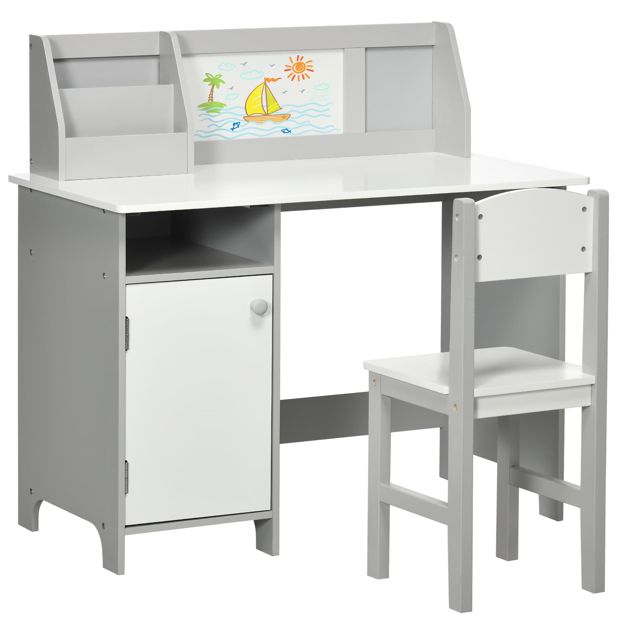 HOMCOM Ensemble table et en bois, MDF blanc, gris, vert incl. avec tableau Aosom France