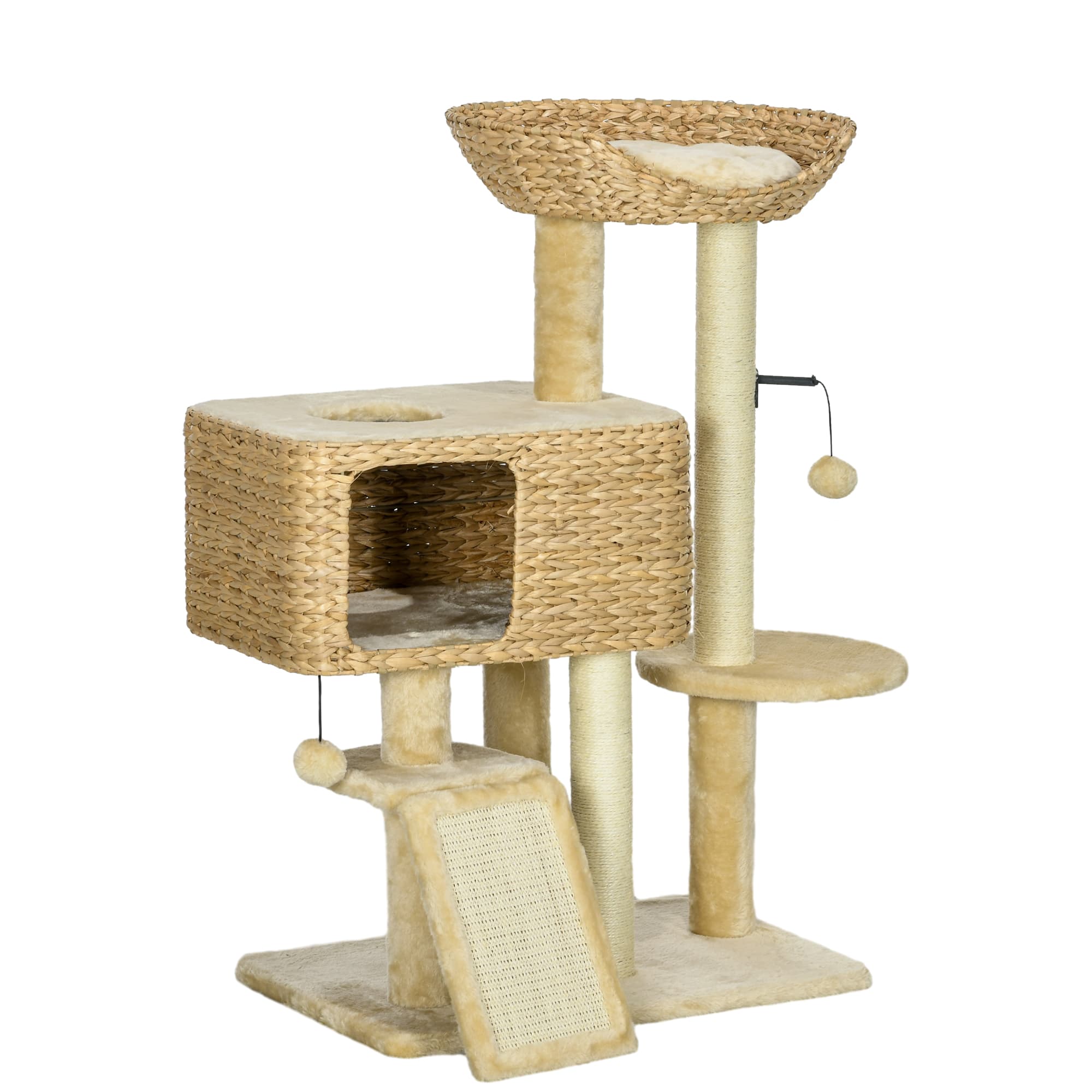 PawHut Design Arbre à chat Beige avec Griffoir, Niche, Panier d'observation, Plateformes & Pompon Suspendus 60x40x98 cm Aosom France