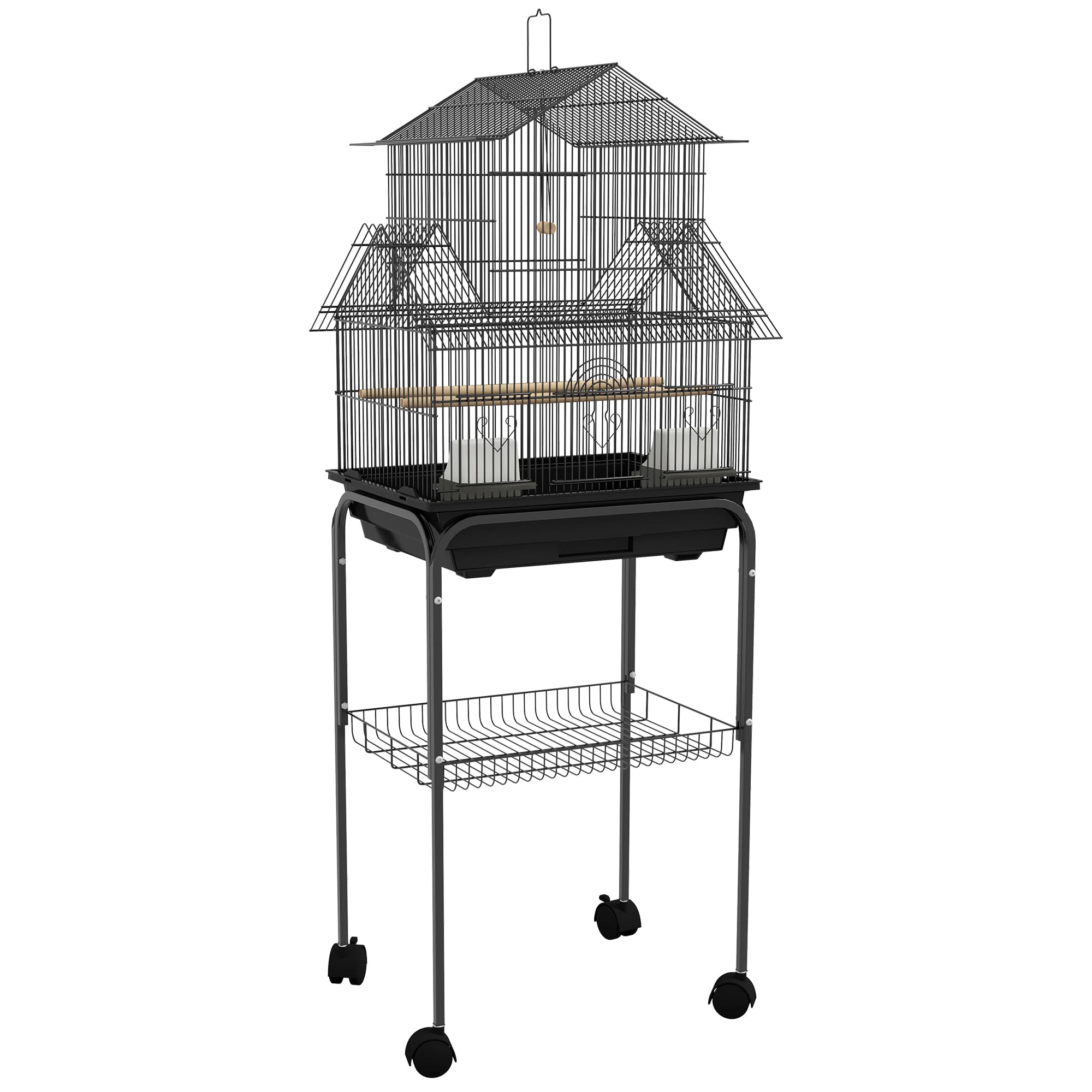 PawHut Cage à oiseaux design maison mangeoires perchoirs 3 portes plateau excrément amovible + poignée transport noir