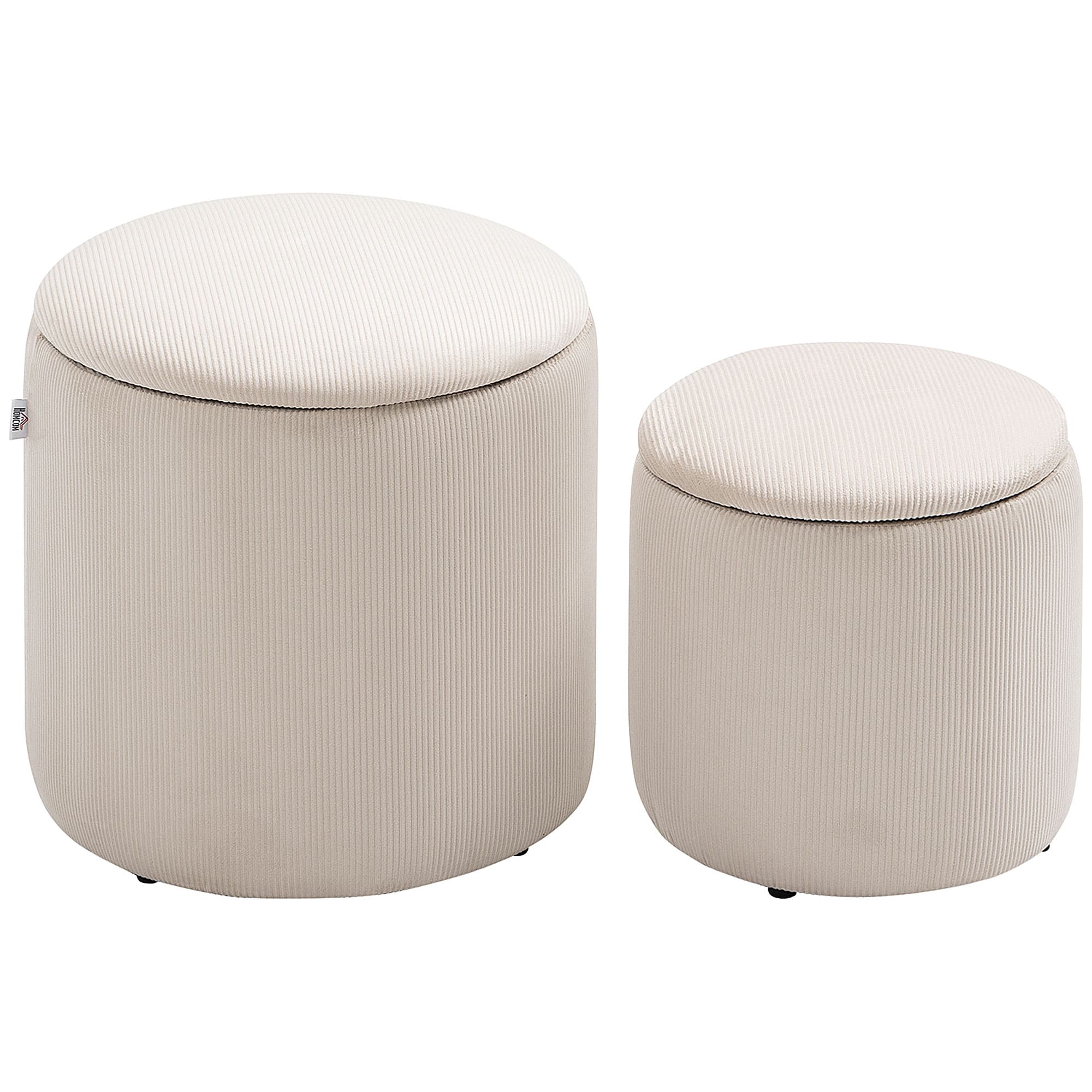 HOMCOM Lot de 2 poufs tabourets repose-pieds coffre de rangement en tissu aspect velours côtelé Ø40 cm et Ø30 cm, blanc