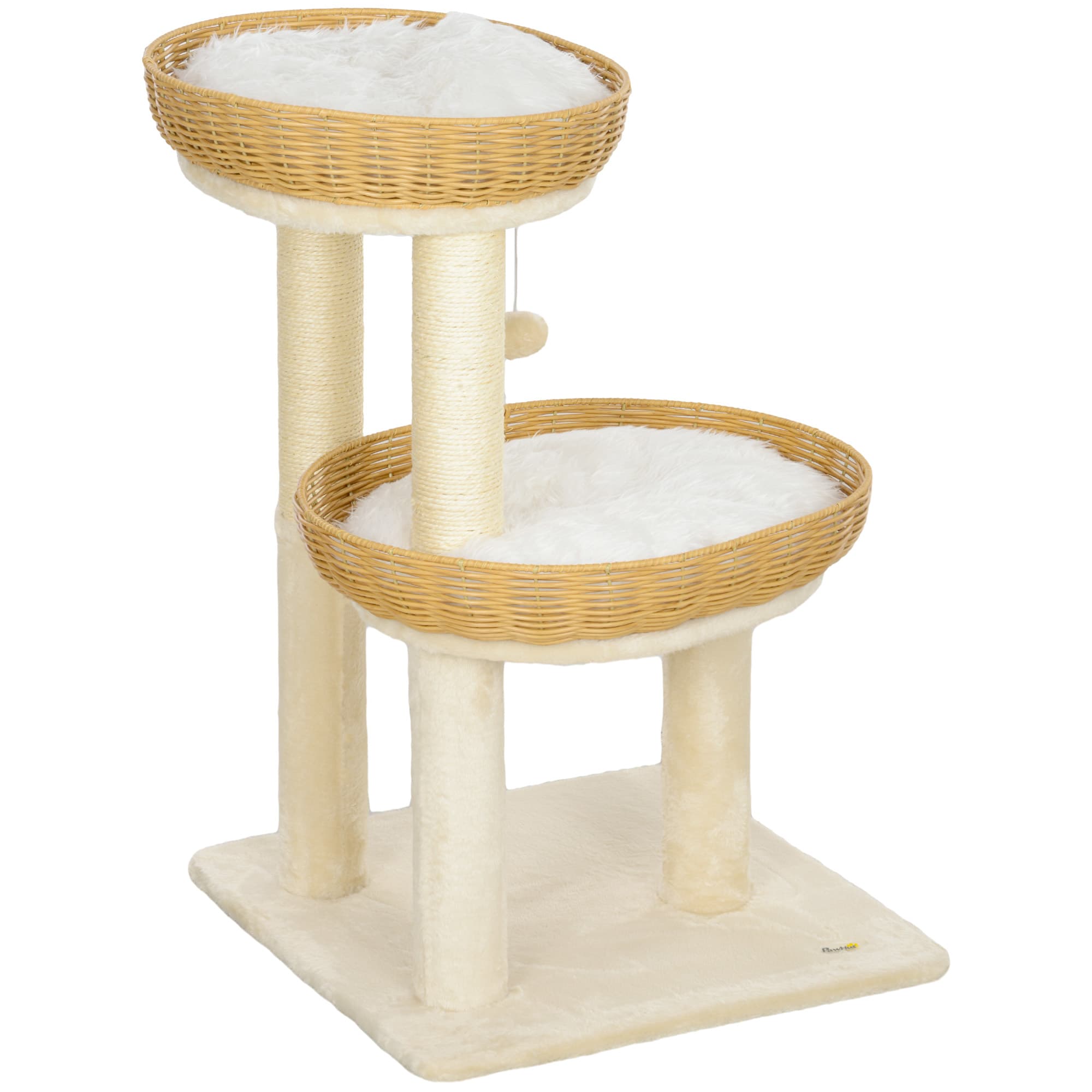PawHut Arbre à chat design 75,5 cm avec Griffoir, deux lits pour chat en rotin et coussins lavables Beige Aosom France