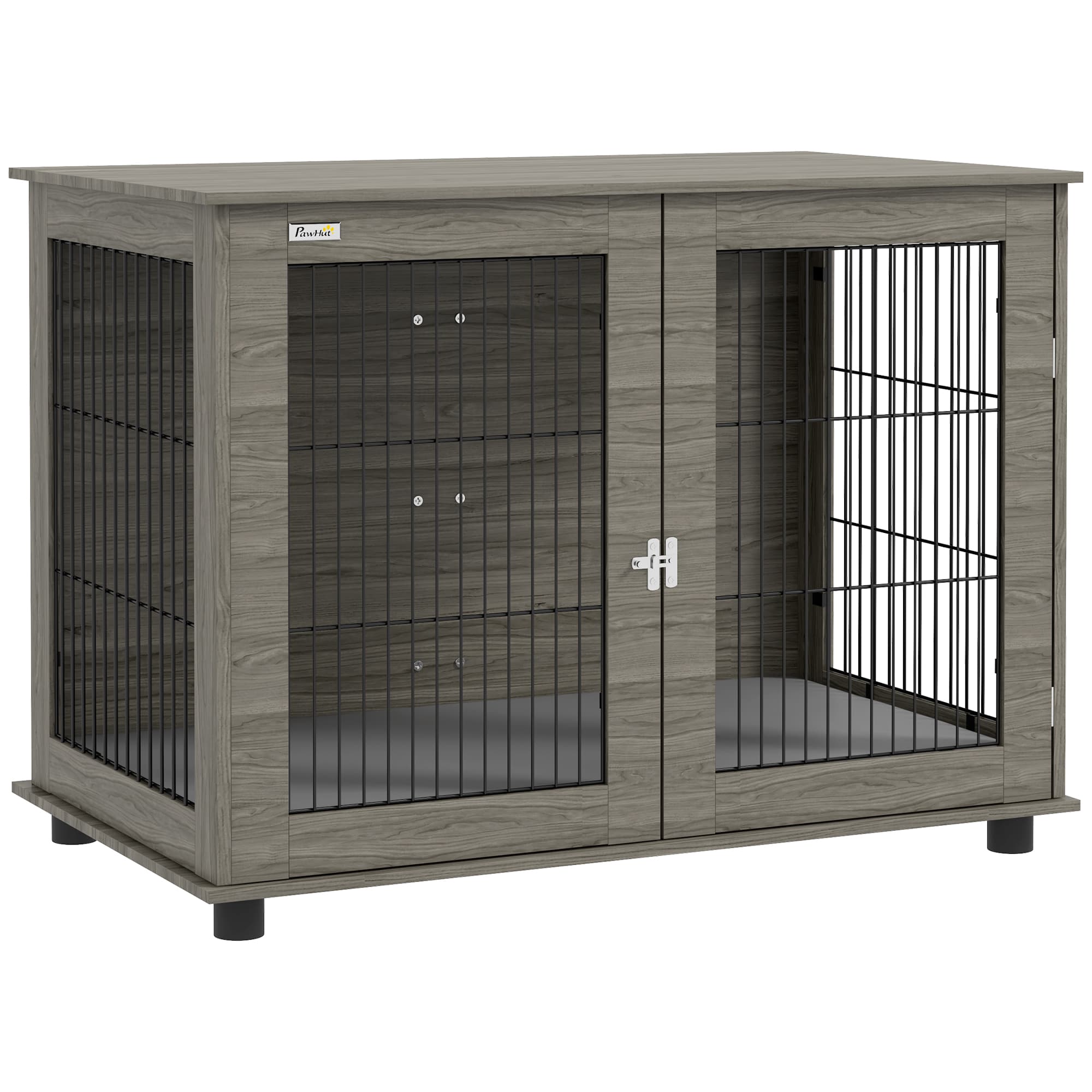 PawHut Cage pour chien 2 en 1 table d'appoint avec coussin en peluche déhoussable porte verrouillable 100 x 60 x 73,5 cm gris
