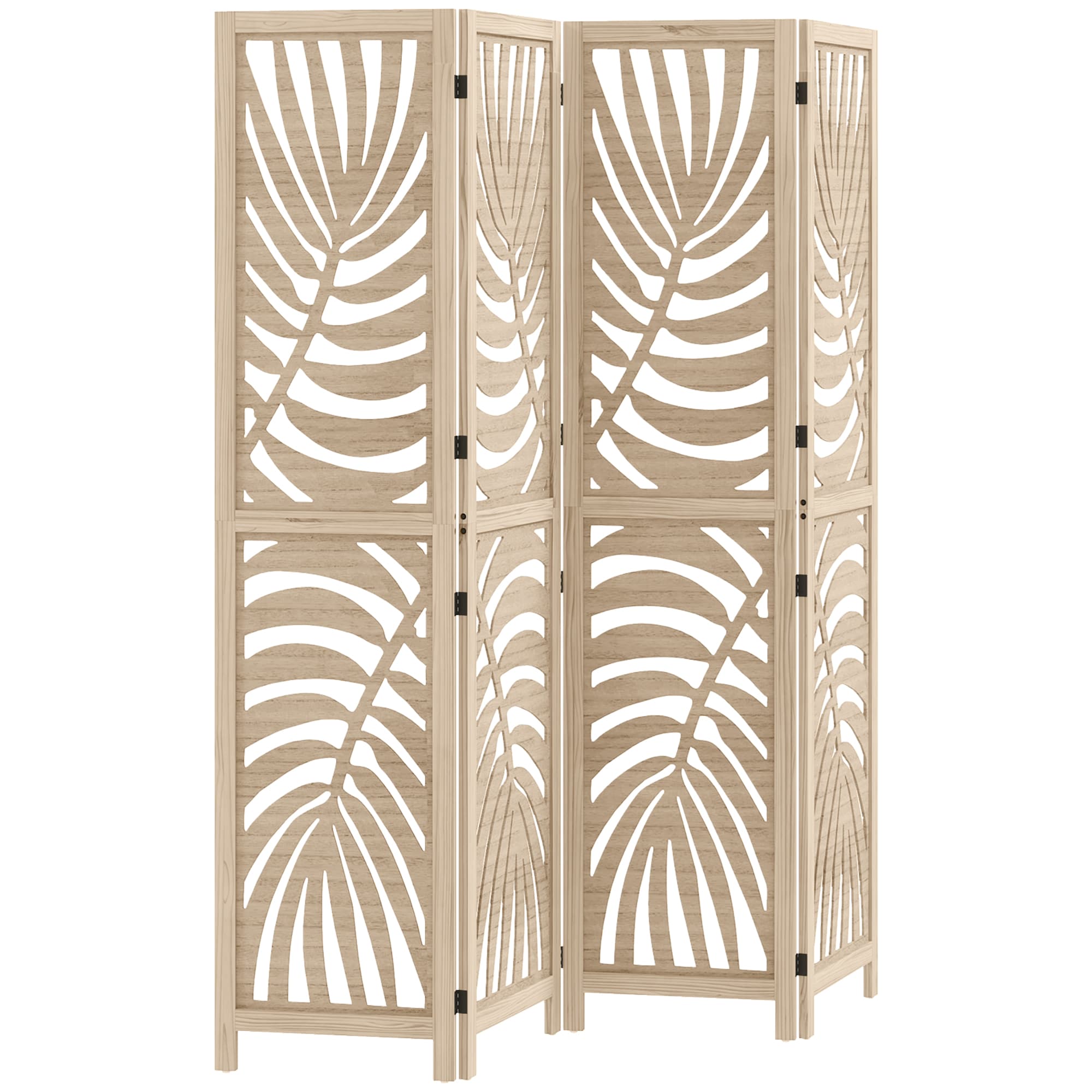 HOMCOM Paravent interieur en bois 4 panneaux 160 x 170 cm, pliable et portable, motif de feuille, design amovible, bois naturel