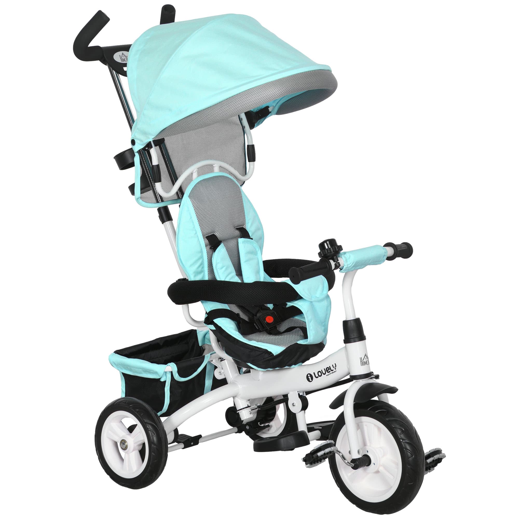 HOMCOM Tricycle 6 en 1 pour enfants, auvent, ceinture de sécurité 5 points, rangement, repose-pieds, frein, 1-5 ans, vert