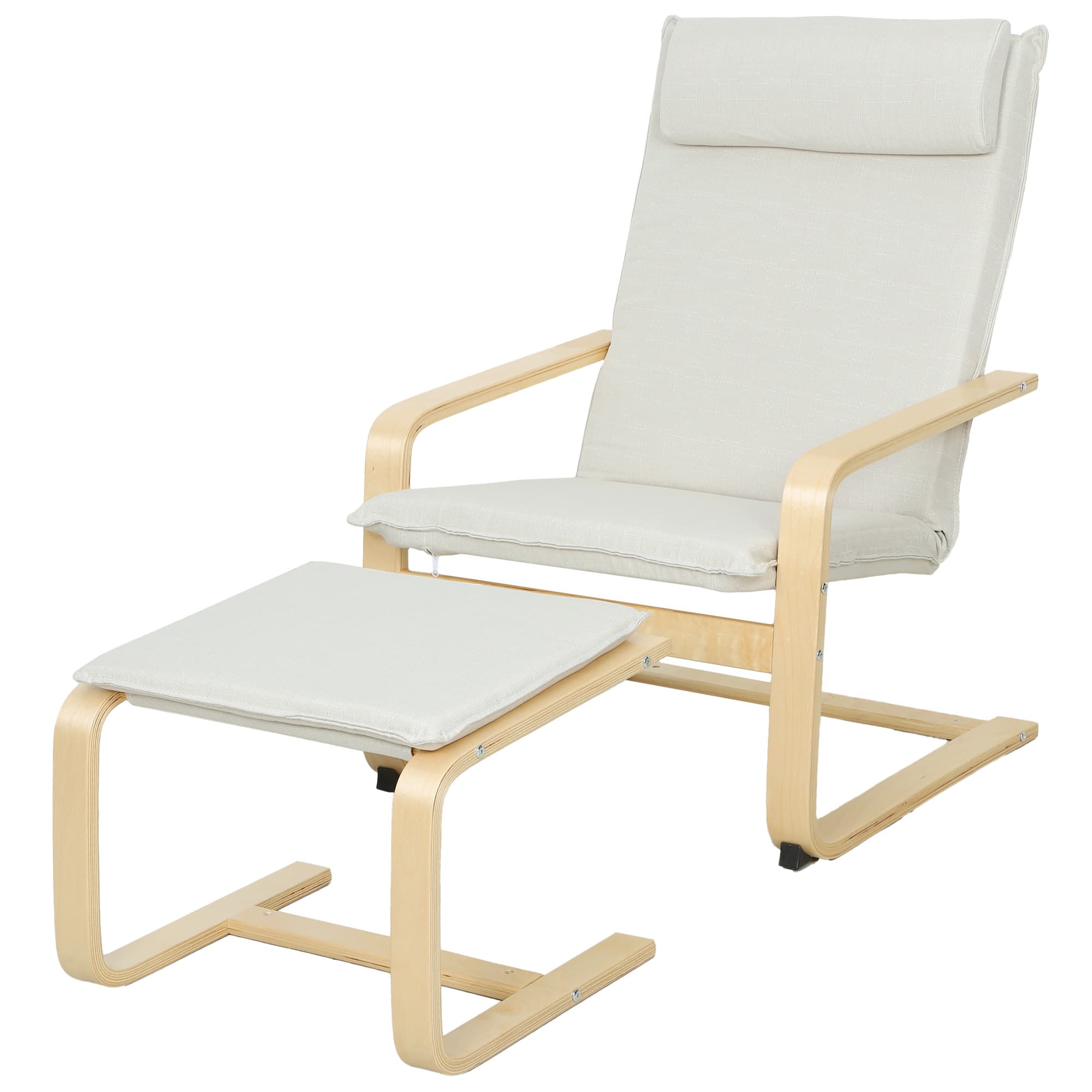 HOMCOM Fauteuil avec Repose-pieds Fauteuil de Lecture Dossier Haut Appui-tête Amovible Pieds en Bois et Revêtement Style Lin Crème