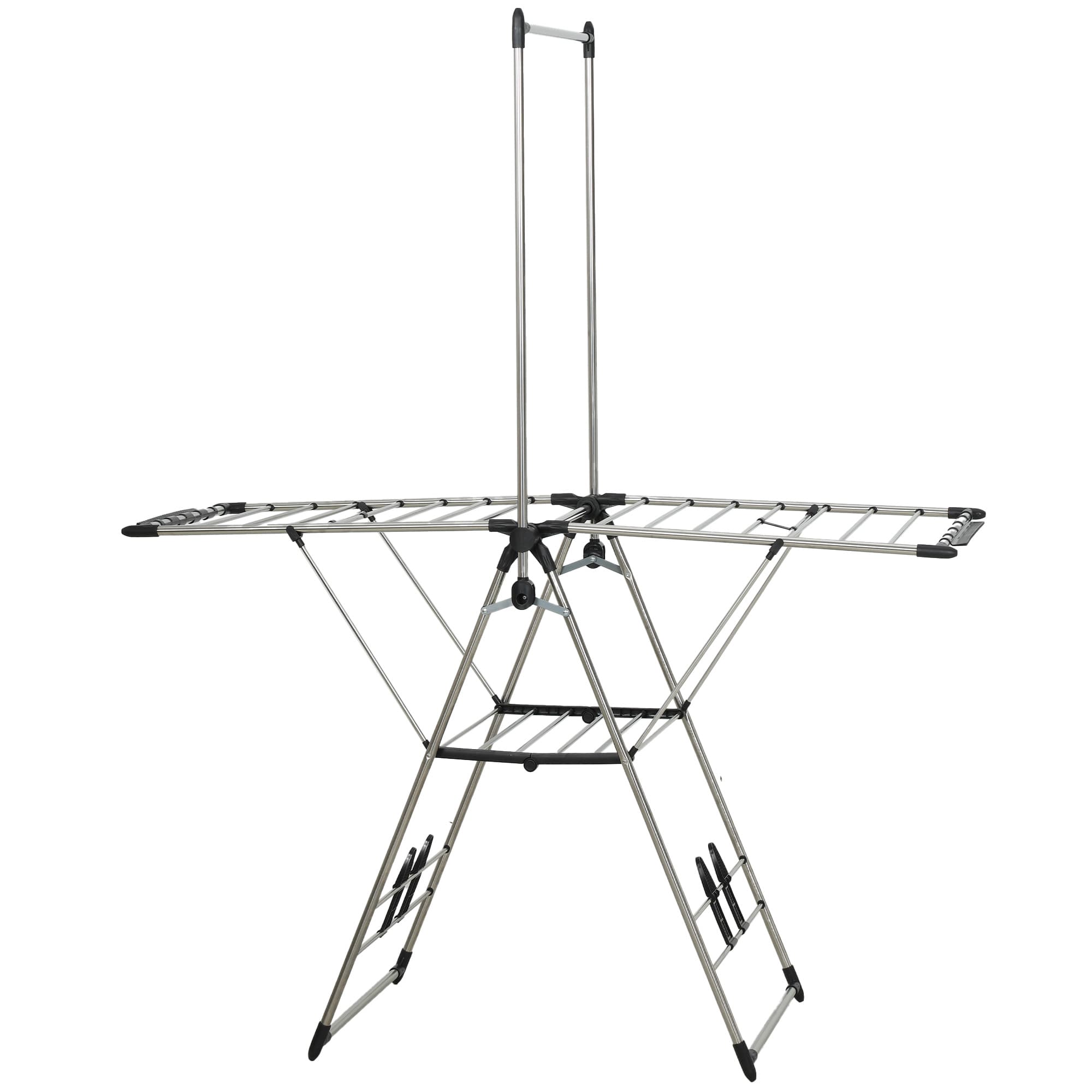 HOMCOM Étendoir pliable séchoir sur pied avec ailes réglables, porte-chaussures, acier inoxydable, 156,5 x 68 x 192 cm, argent