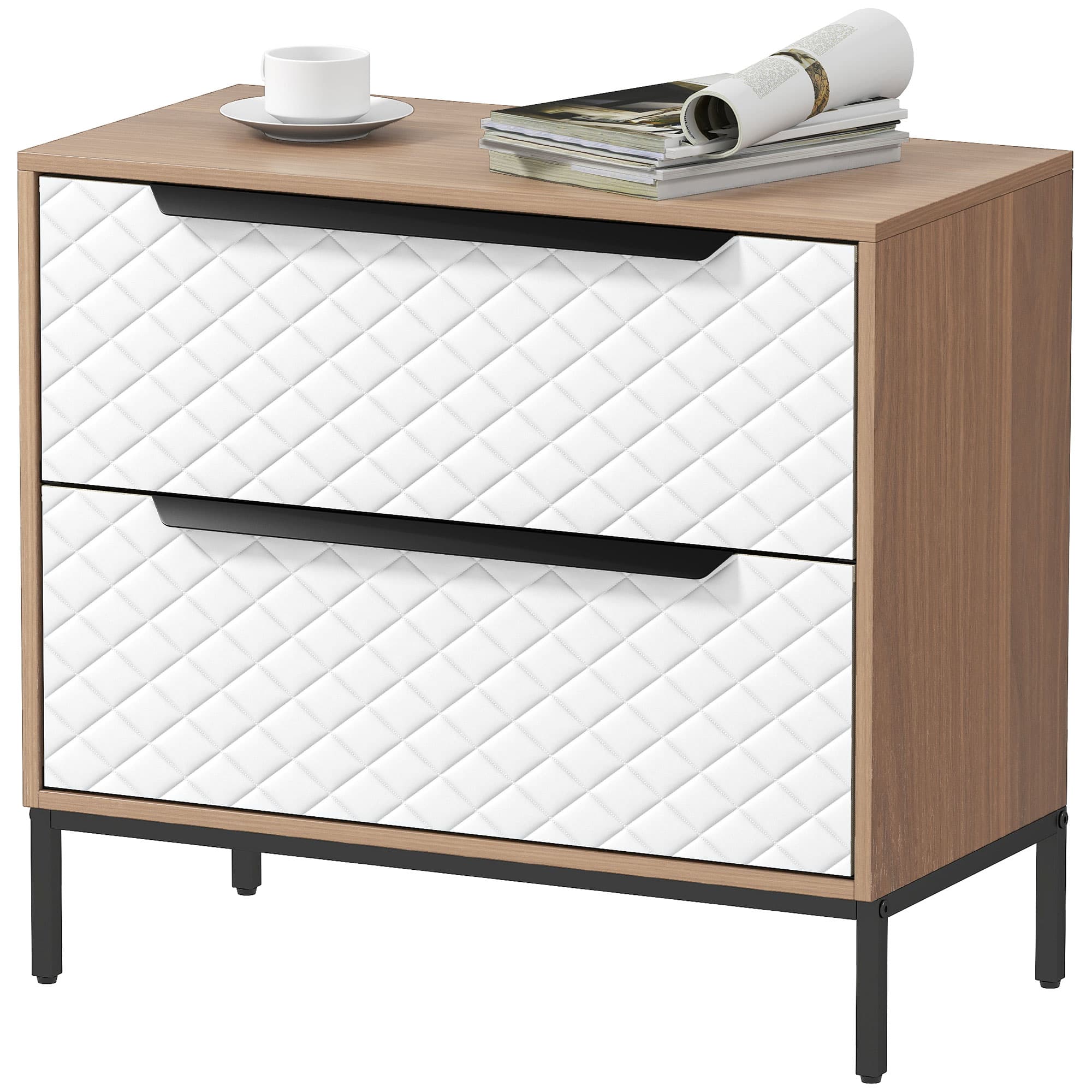 HOMCOM Commode avec 2 Tiroirs en Tissu Façades à Motif Losange pour Salon Bureau Dressing Naturel et Blanc