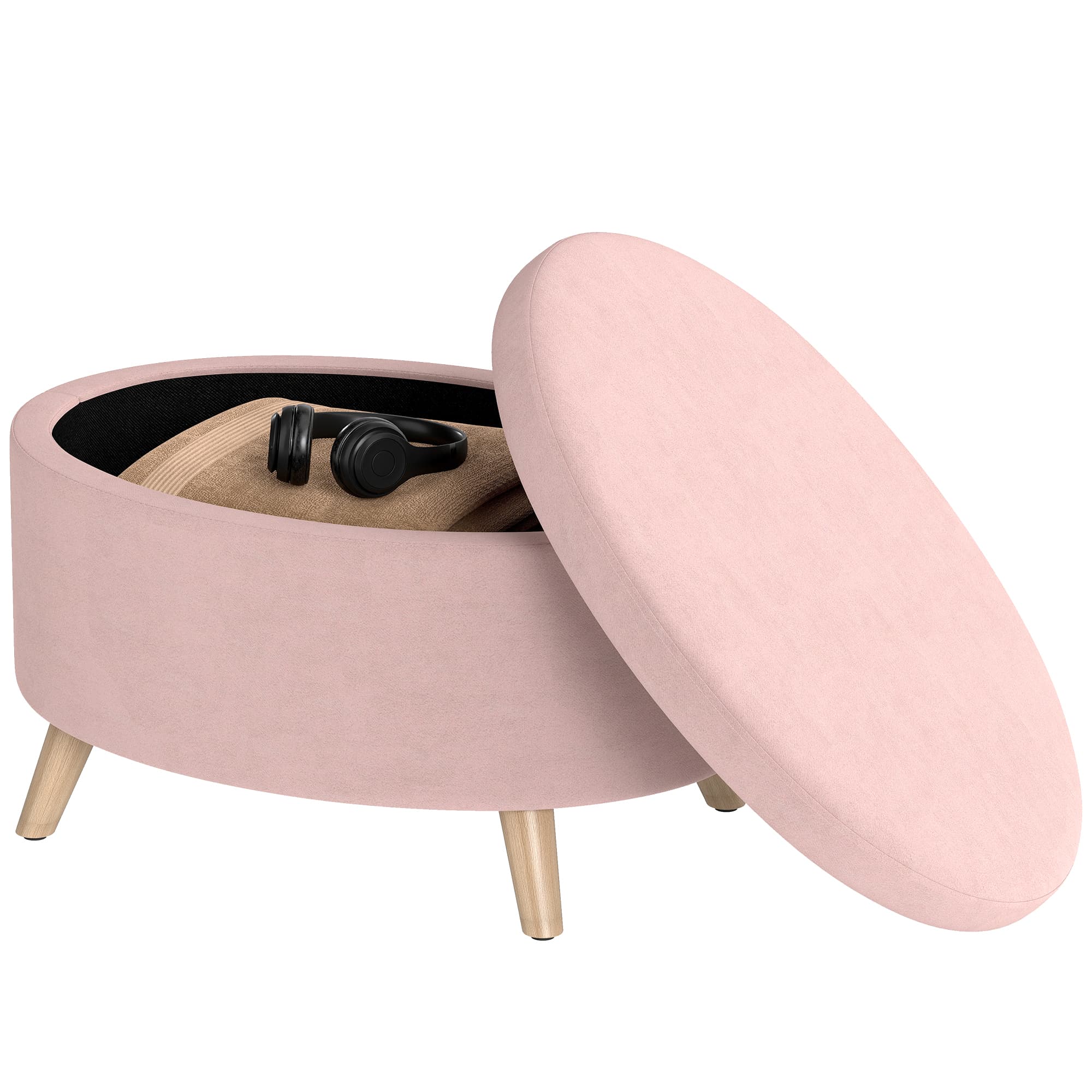 HOMCOM Pouf de Rangement Ovale Banc de Rangement 71x51,5x42 cm Revêtu de Velours avec Pieds en Bois Massif Rose Clair