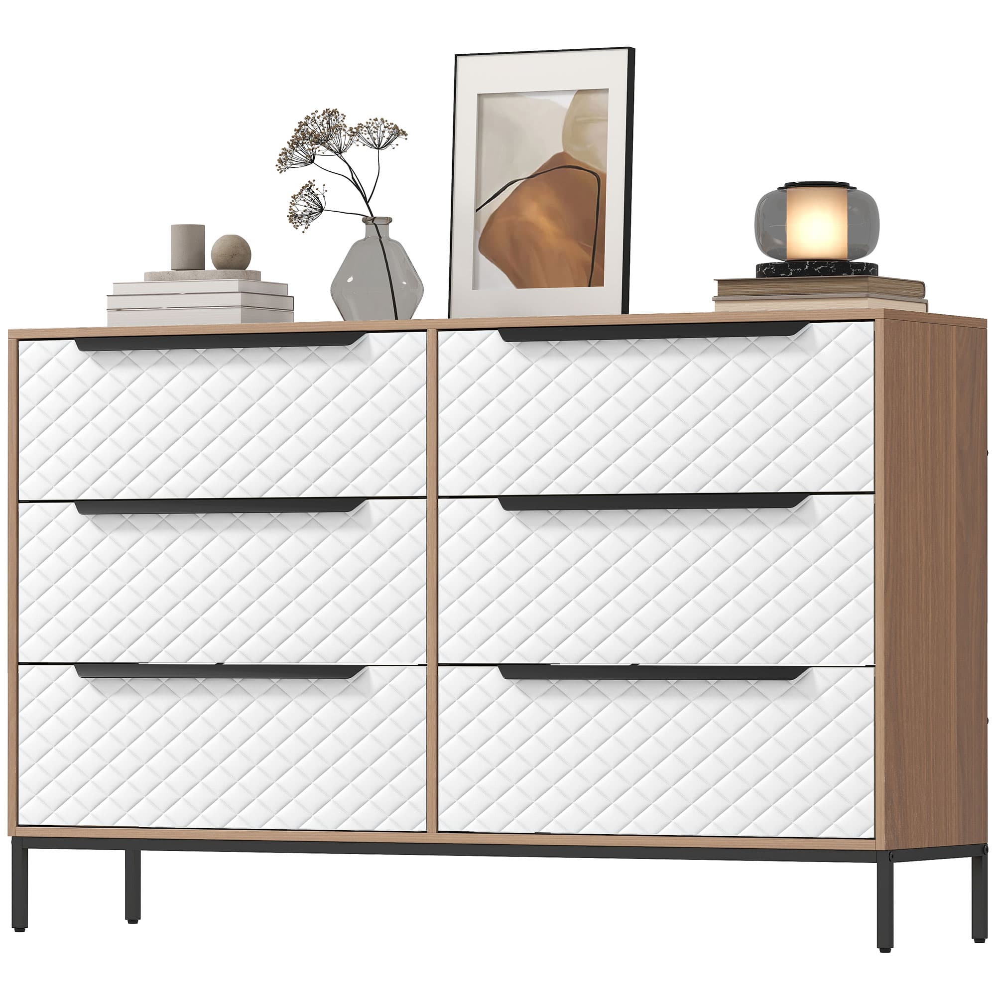 HOMCOM Commode à 6 tiroirs en tissu Façades à motif losange pour salon bureau dressing naturel et blanc