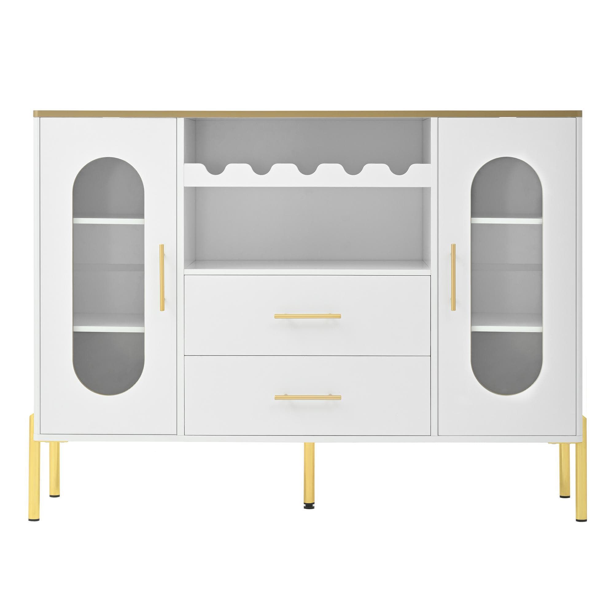 Buffet avec façades en verre, range-bouteilles et grand espace de rangement, 120x38x90 cm, Blanc