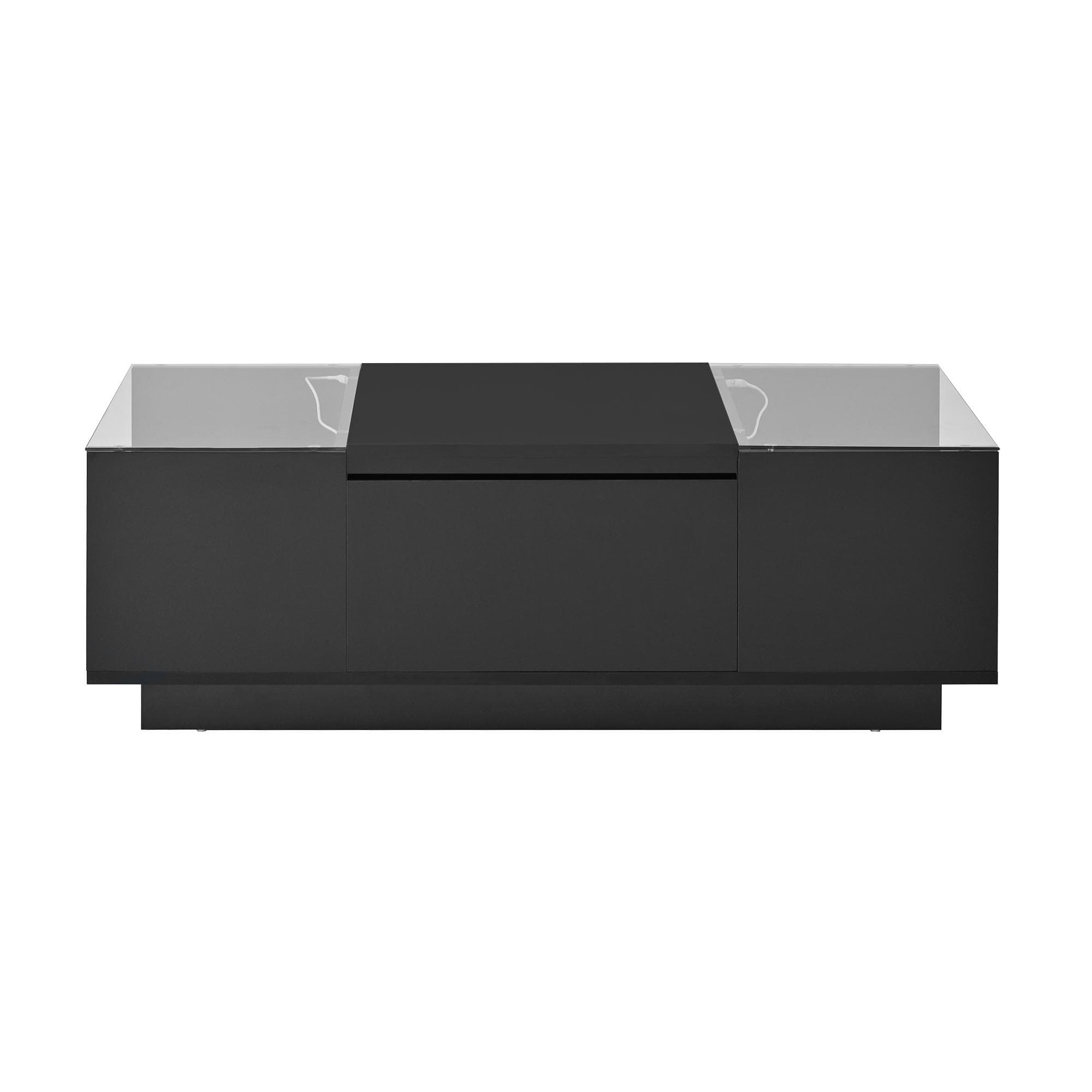 Table basse avec rangement, éclairage d'ambiance LED, plateau en verre et 2 tiroirs, 105x50x35 cm, Noir