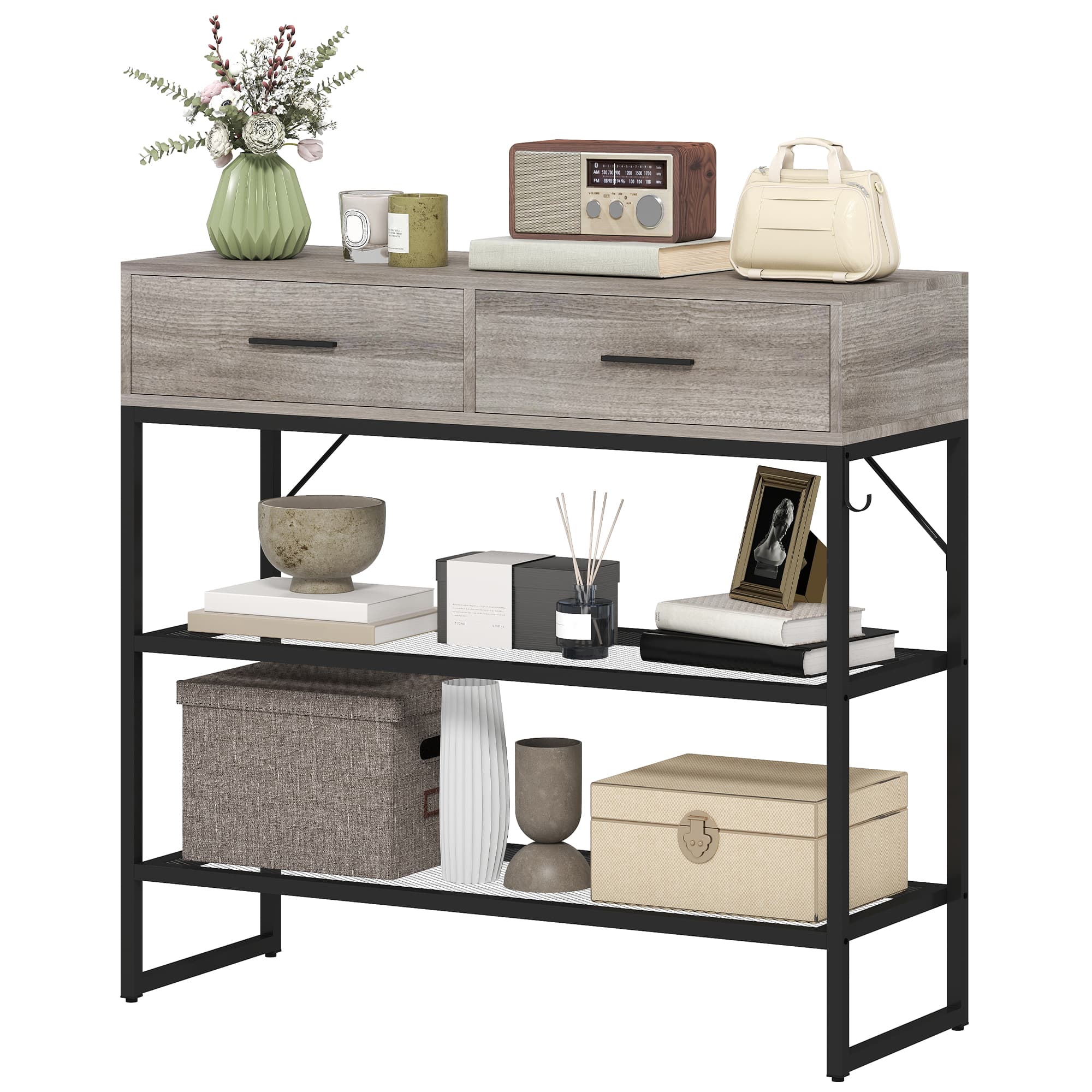 HOMCOM Console d'entrée avec 2 tiroirs, 2 étagères et crochet latéral, en bois et métal, 100x35x92 cm, noir et bois