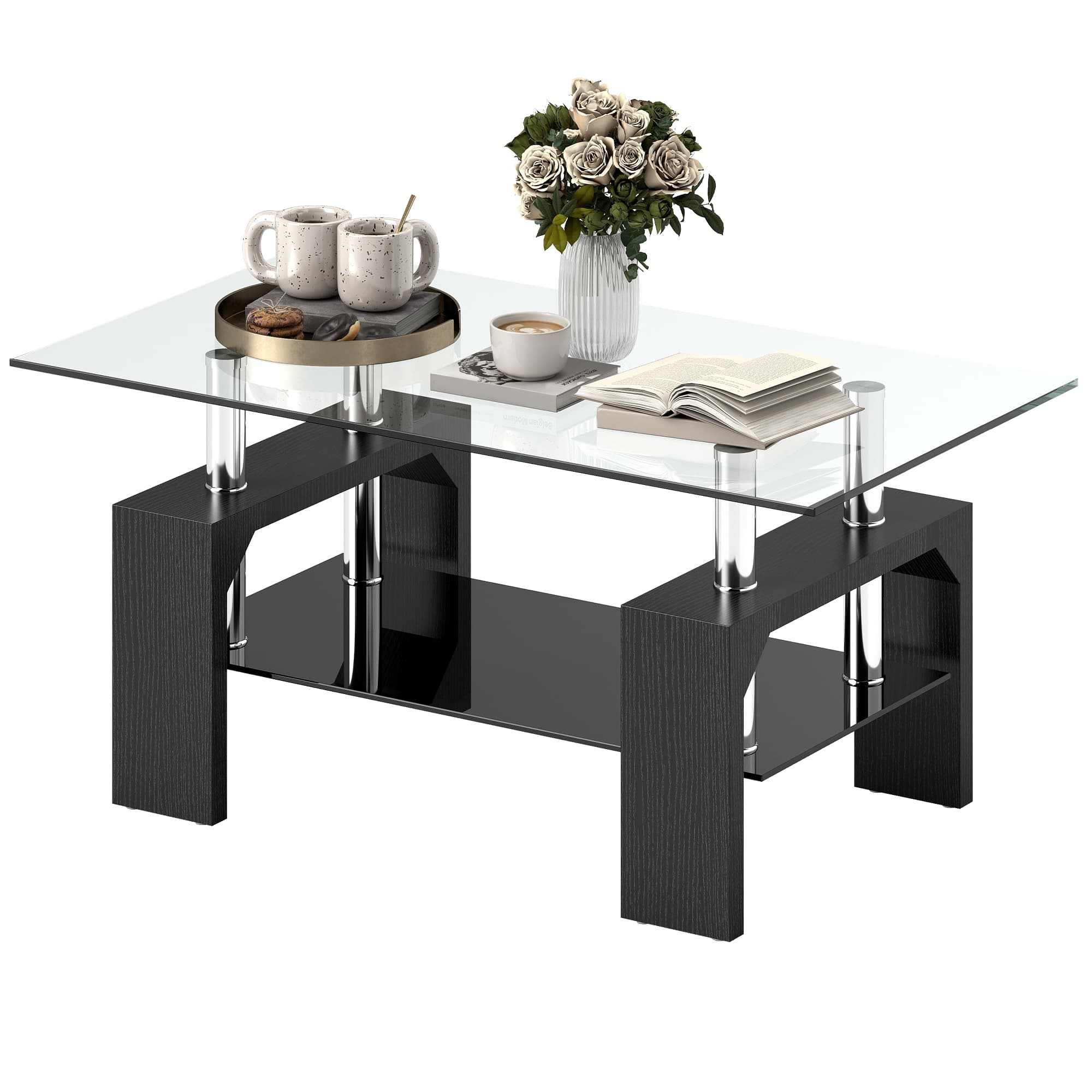 HOMCOM Table basse moderne 2 niveaux en bois et acier avec plateau en verre trempé, 90x50x42 cm, Noir