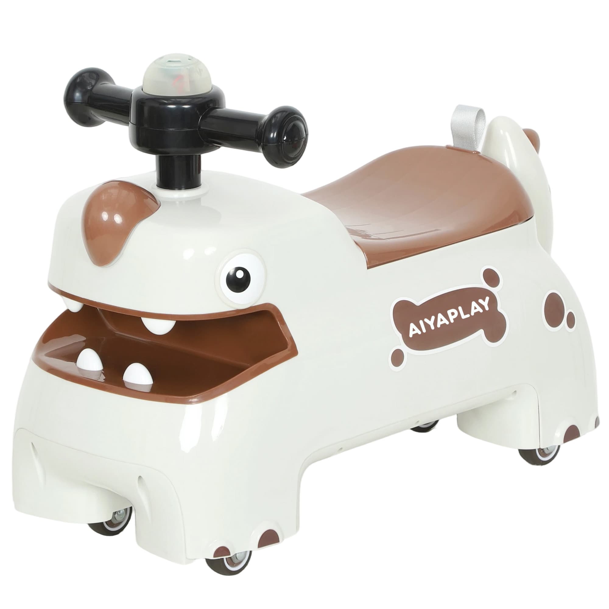 AIYAPLAY Porteur, design dinosaure, volant, lumières, sons, 4 roues, blanc crème+brun