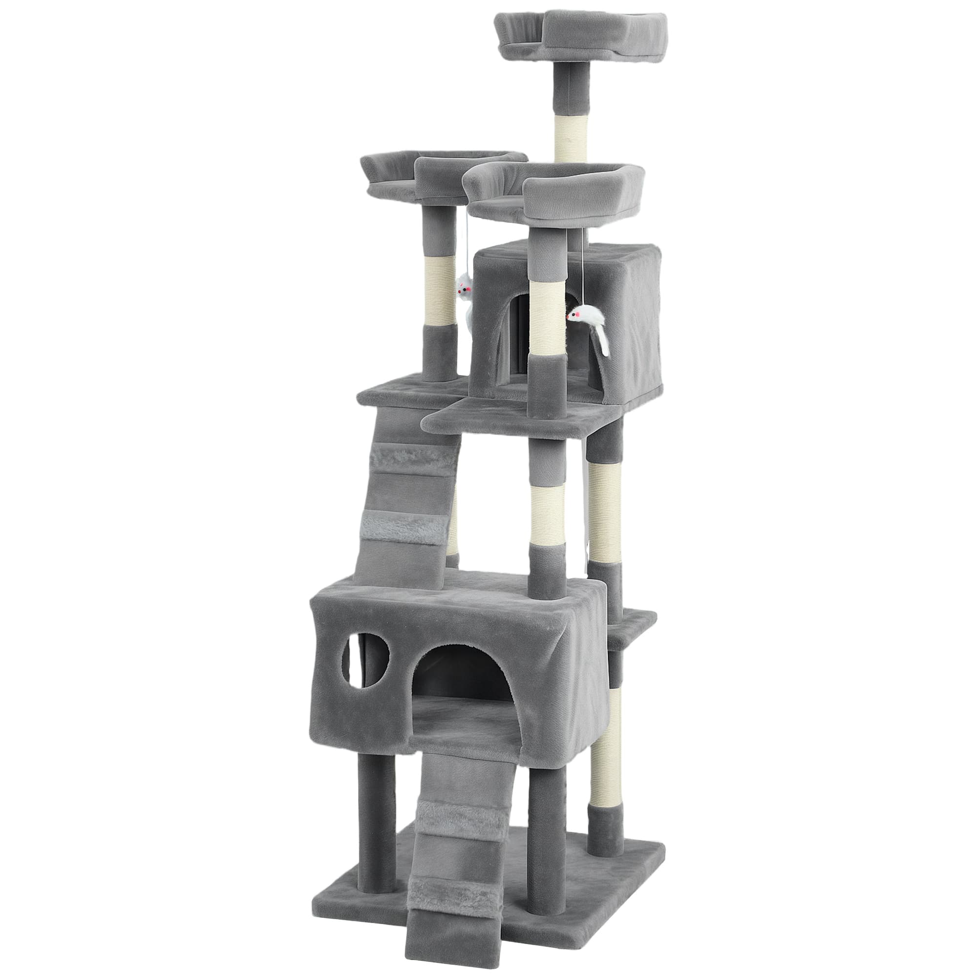 PawHut Arbre à Griffer pour Chats Arbre pour Chats 153 cm avec 2 Cabanes 3 Couchages 2 Rampes Poteaux en Sisal Souris Suspendues Gris