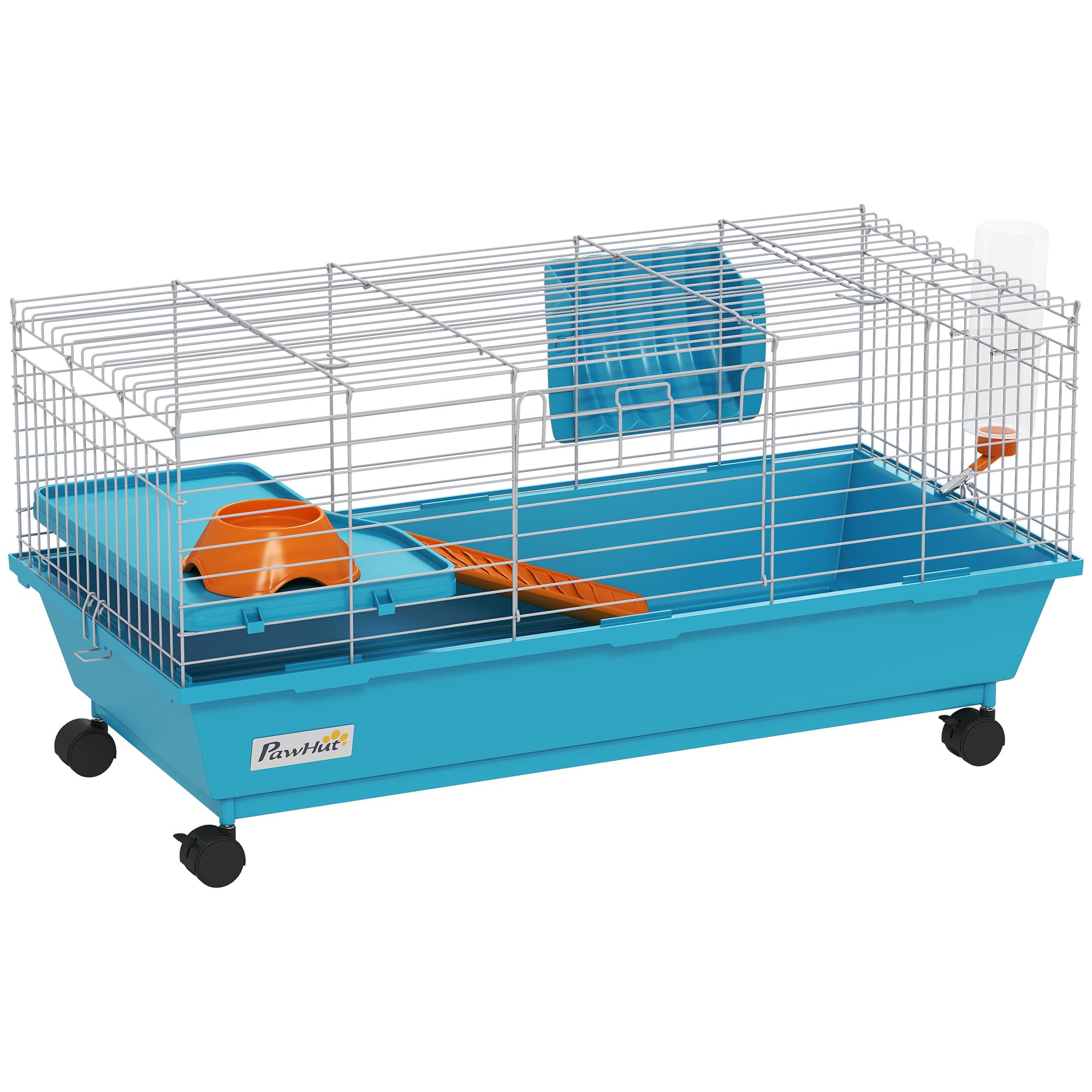 PawHut Cage pour Petits Animaux avec Roulettes Bouteille Gamelle Distributeur de Foin pour Lapins et Cochons d'Inde 89x44x43 cm Bleu