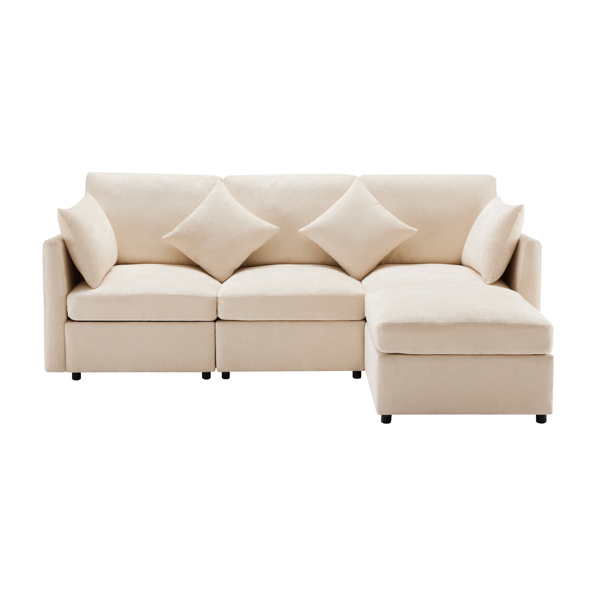 Canapé en tissu chenille moderne, canapé d'angle en L avec pouf et coussins décoratifs, 216x161x81 cm, Beige