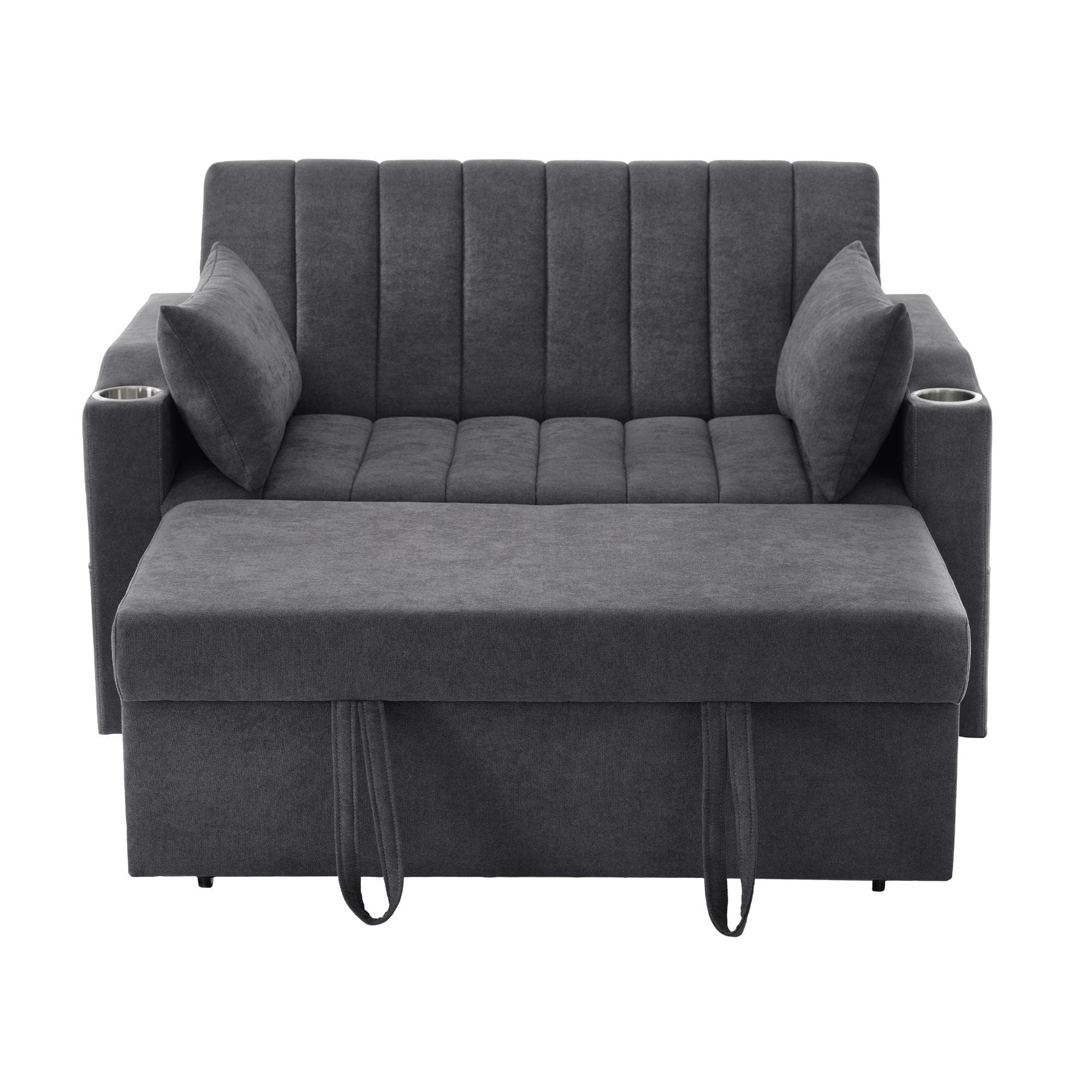 Canapé-lit multifonction moderne avec dossier réglable, porte-gobelet et coussin, 136x162x84 cm, Gris