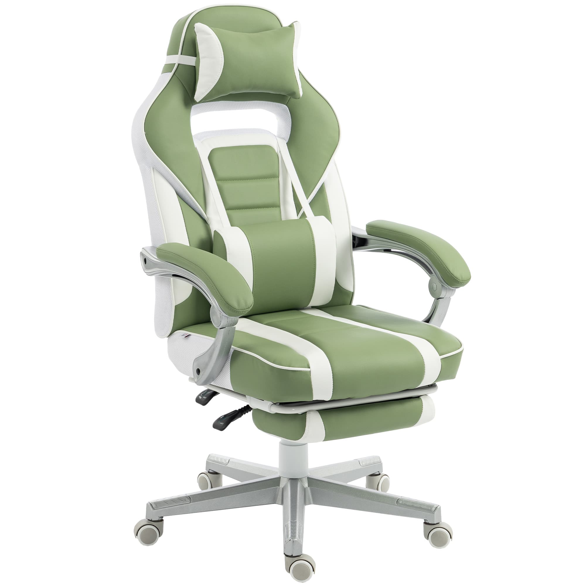 HOMCOM Chaise Gamer Inclinable avec Hauteur Réglable Repose-pieds Escamotable Support Lombaire et Appui-tête Amovible Vert