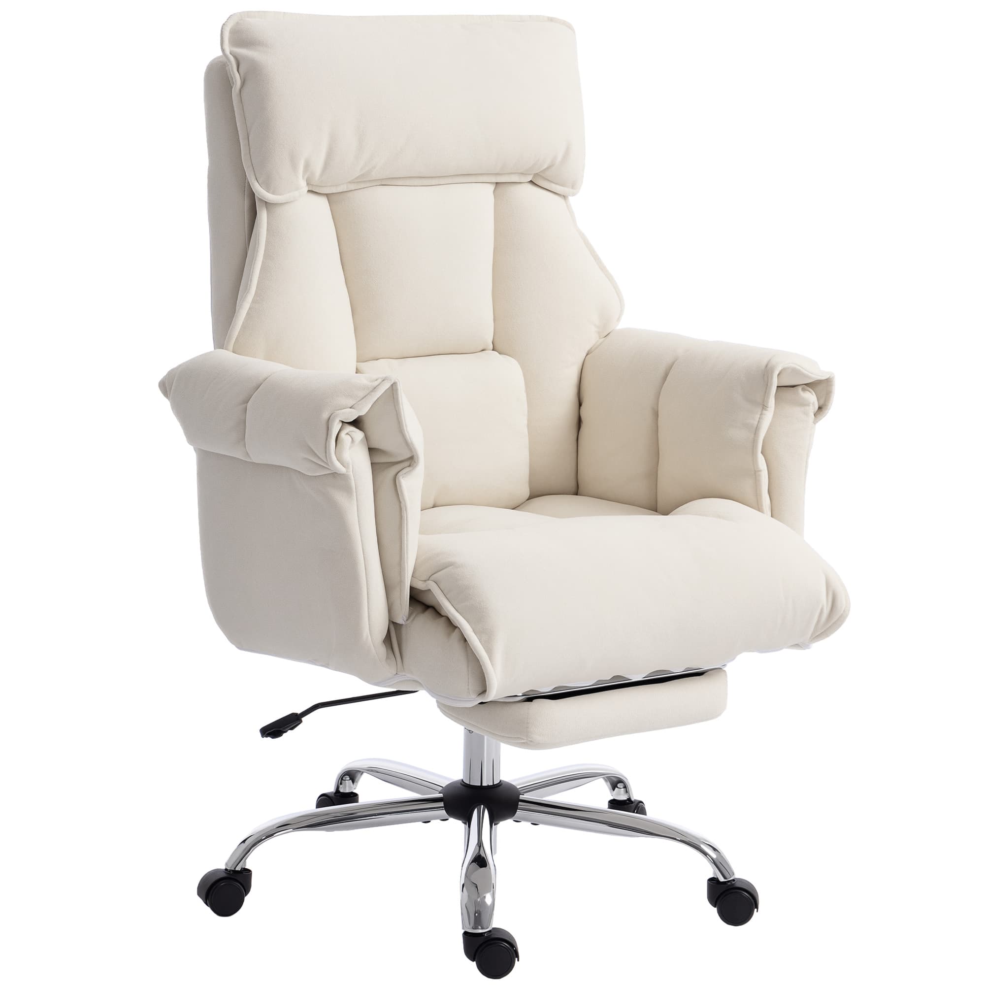 HOMCOM Fauteuil de bureau Fauteuil pivotant réglable en hauteur avec soutien lombaire, repose-pieds, flanelle neige, 80 x 80 x 106-114 cm blanc crème