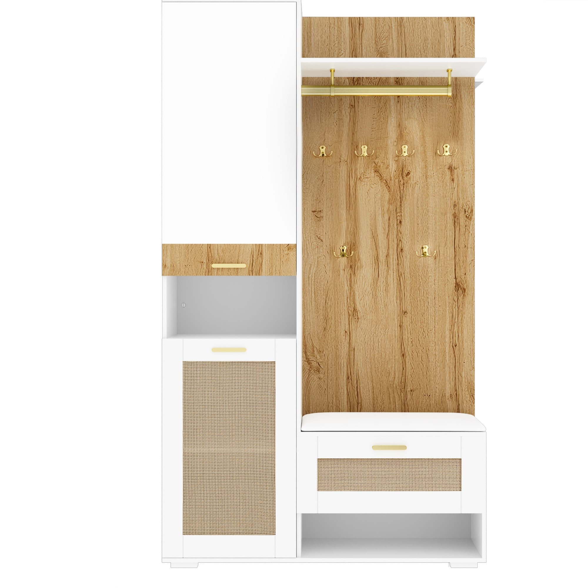 Ensemble d'entrée avec miroir et banquette, éclairage LED, porte-manteaux mural et 6 crocets à vêtements dorés, 110x38x190 cm, Blanc+Couleur naturelle