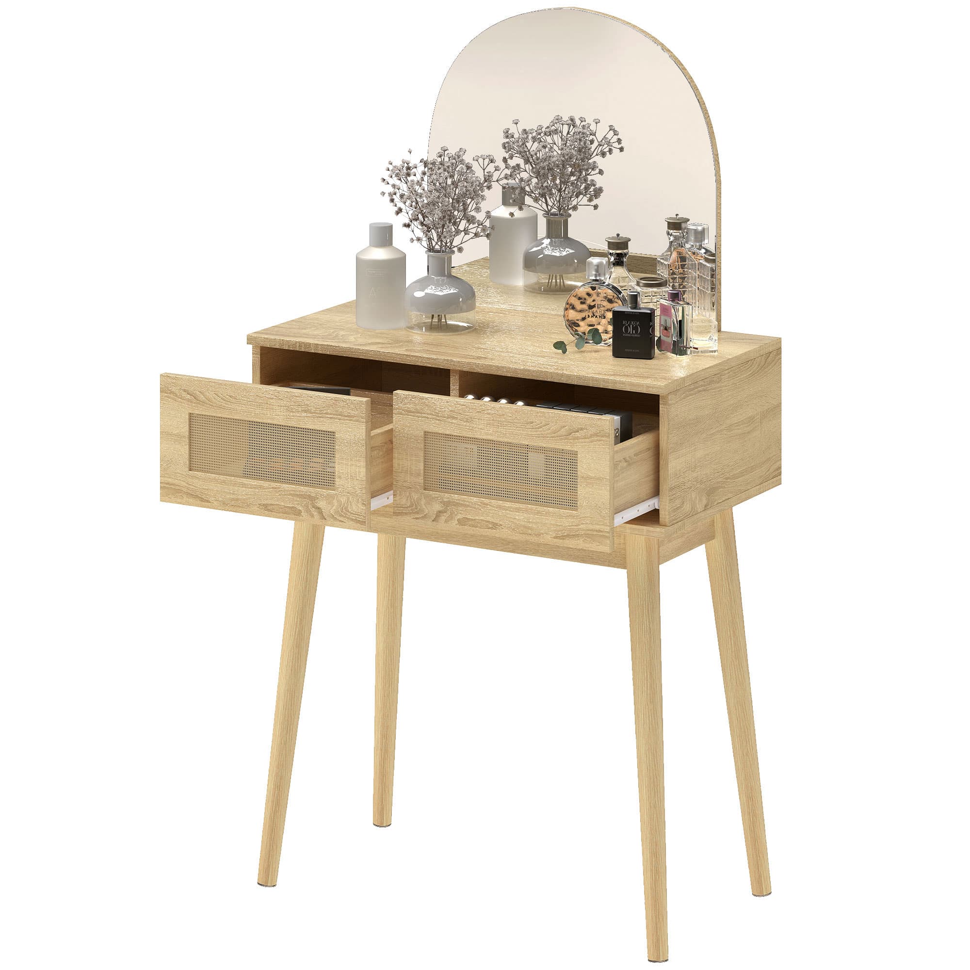 HOMCOM Coiffeuse de maquillage avec miroir arqué 2 tiroirs à façade en rotin pour petits espaces naturel