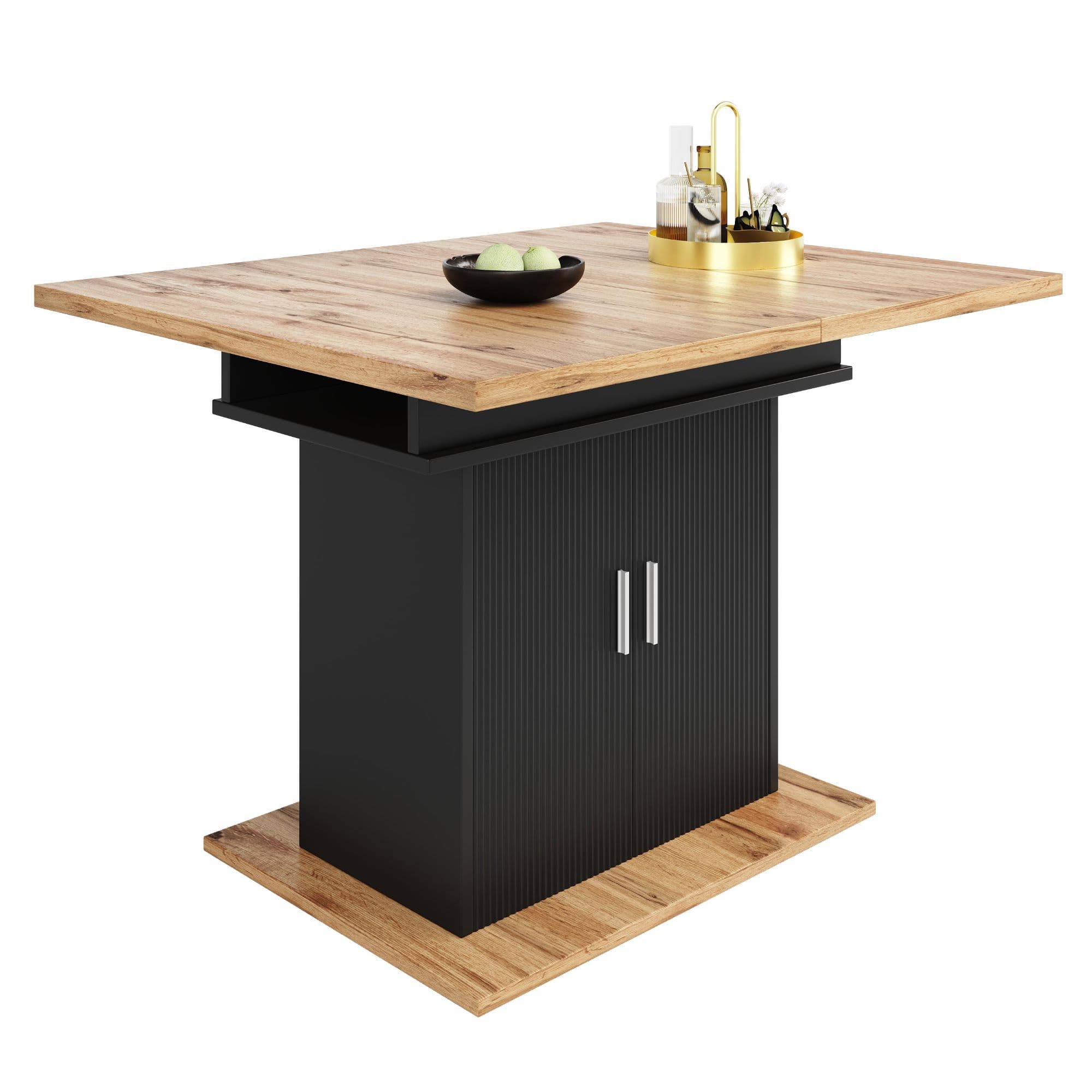 Table à manger extensible avec 3 niveaux de rangement, 110-140×70×76 cm, Noir