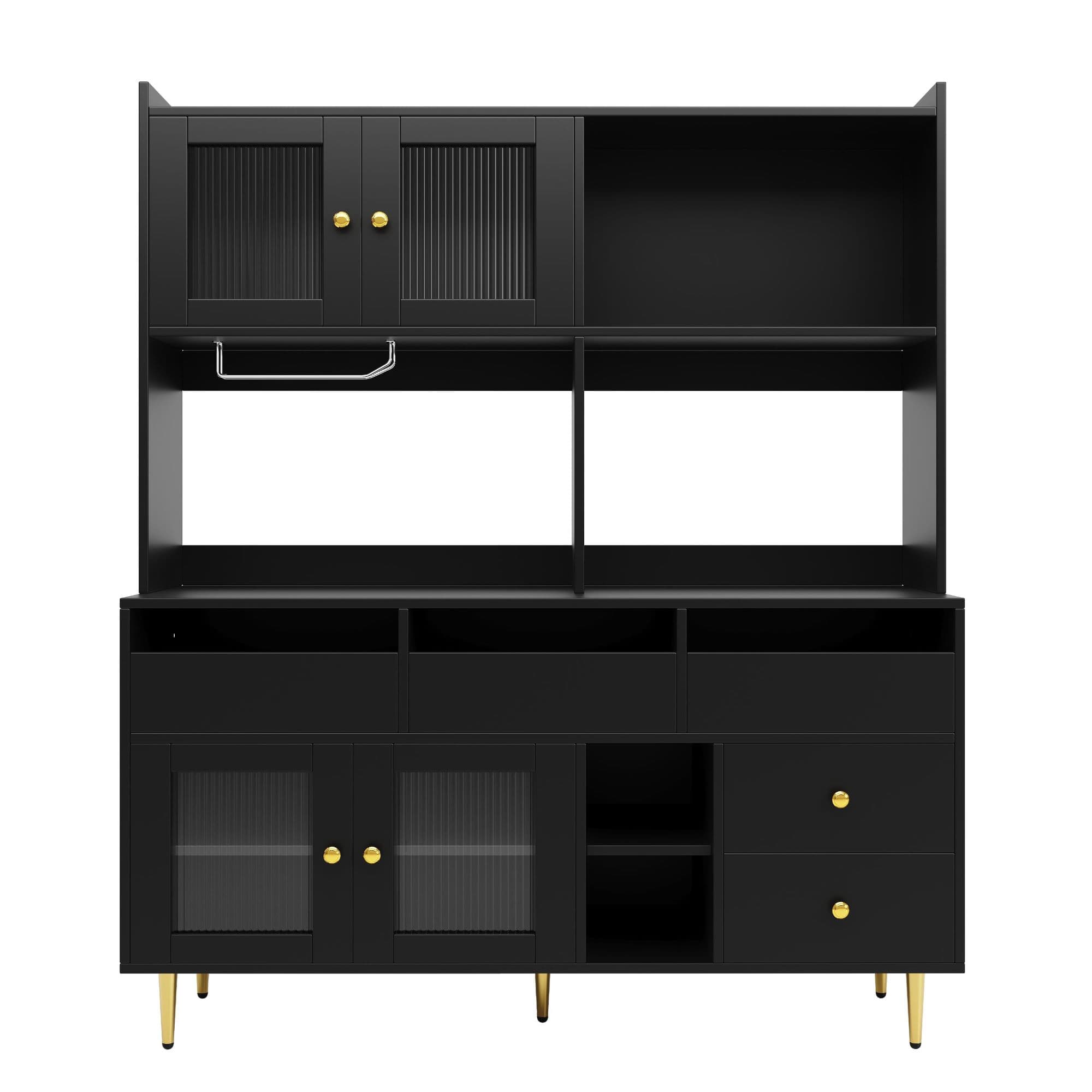 Armoire aute pour salle à manger, avec portes en verre ajouré, décor doré et grand espace de rangement multi-niveaux, 145x39x171 cm, Noir