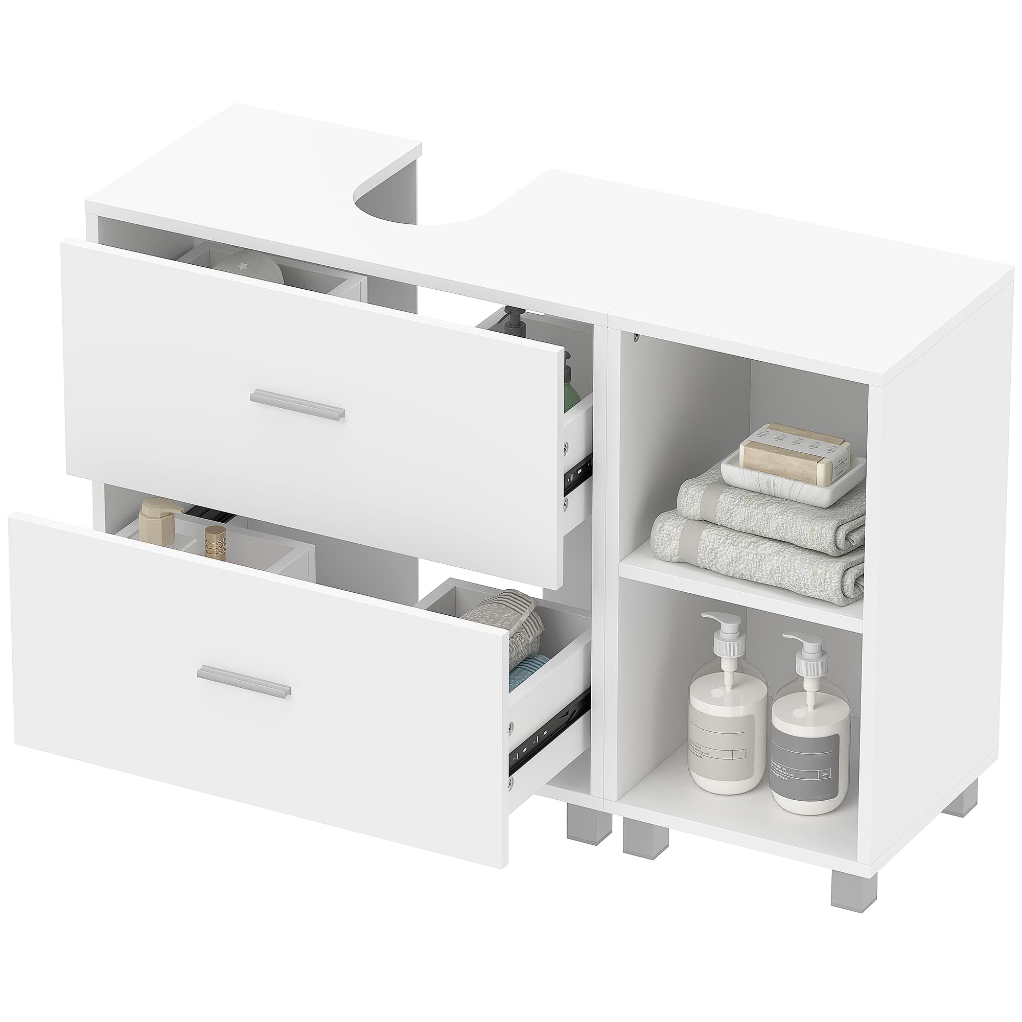 HOMCOM Meuble sous-lavabo Meuble de salle de bains avec 2 tiroirs et 2 étagères ouvertes pour lavabo sur colonne 90x30x60 cm blanc