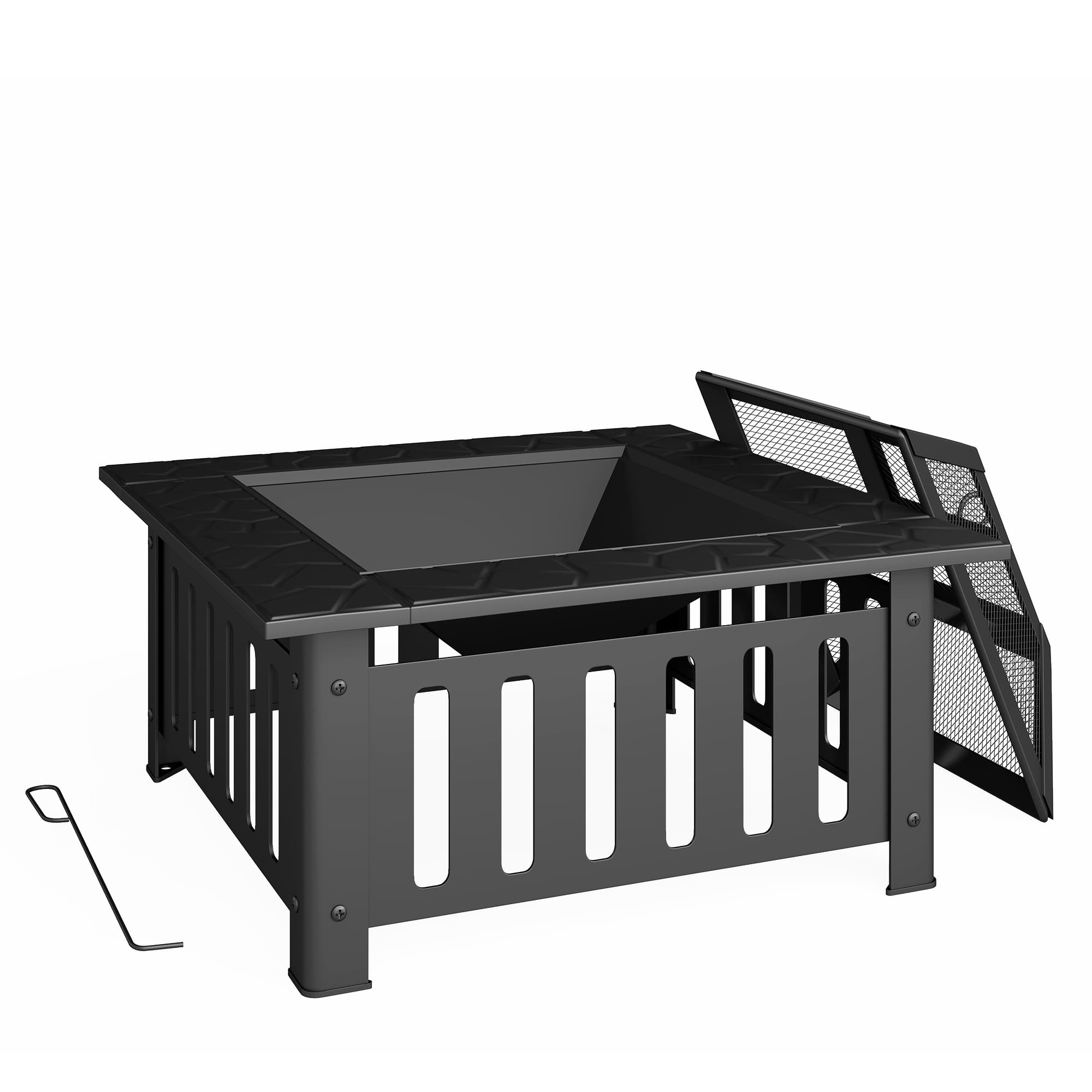 Outsunny Brasero extérieur carré en acier 67x67x47 cm brasero de jardin avec tisonnier couvercle en maille pour fête noir