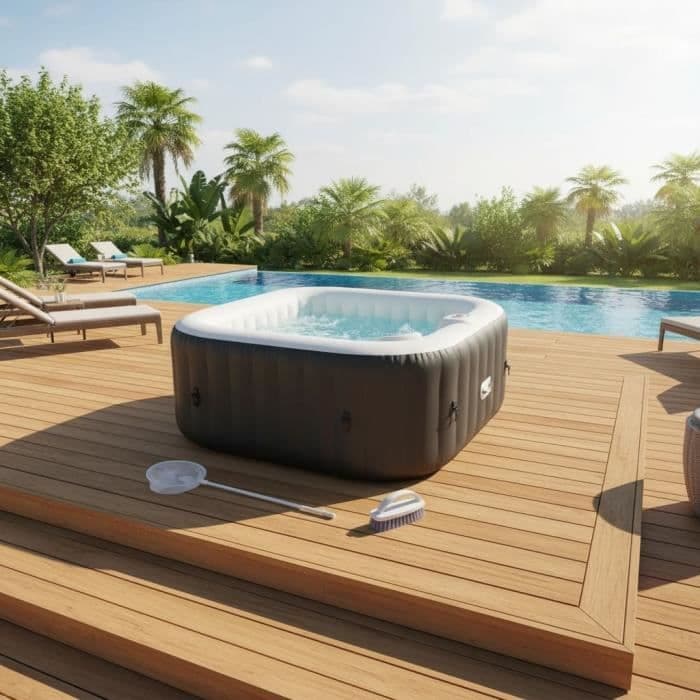 KIT TOUT INCLUS SUNSPA: spa gonflable carré 4 places et accessoires : 2 appuis tetes, filtre, épuisette, brosse, tapis, couverture