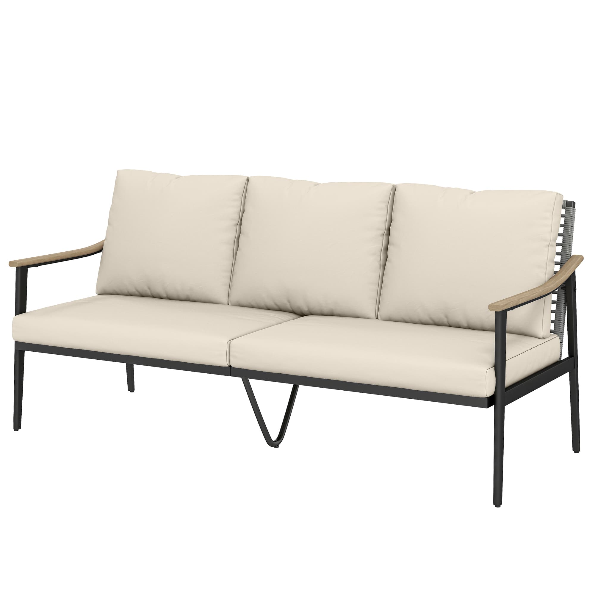 Outsunny Canapé de jardin 3 places en rotin, canapé lounge avec coussins amovibles, accoudoirs aspect bois, cadre en acier Kaki