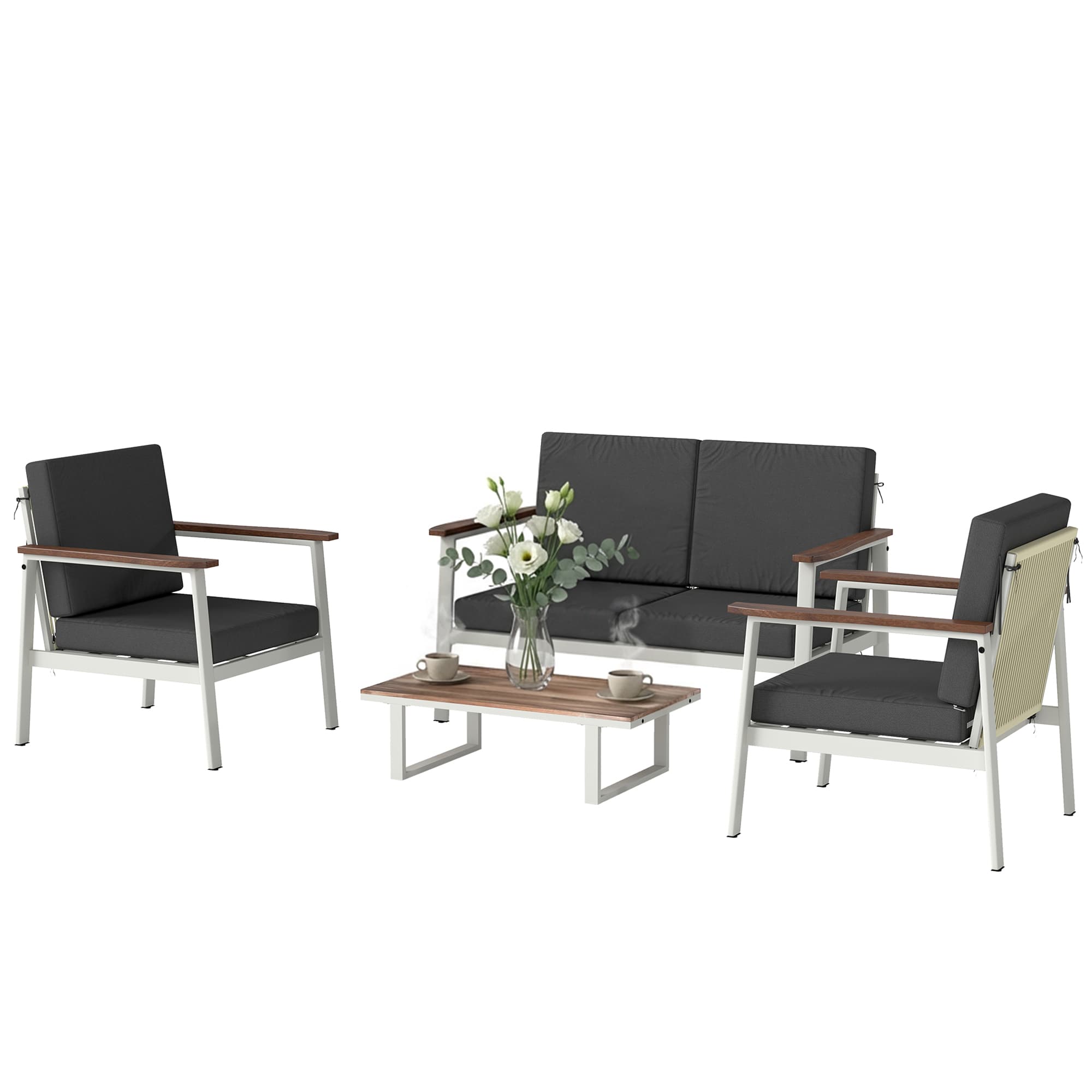 Outsunny Ensemble Canapés Jardin 4 Personnes: 2 Fauteuils, Canapé, Table Basse.