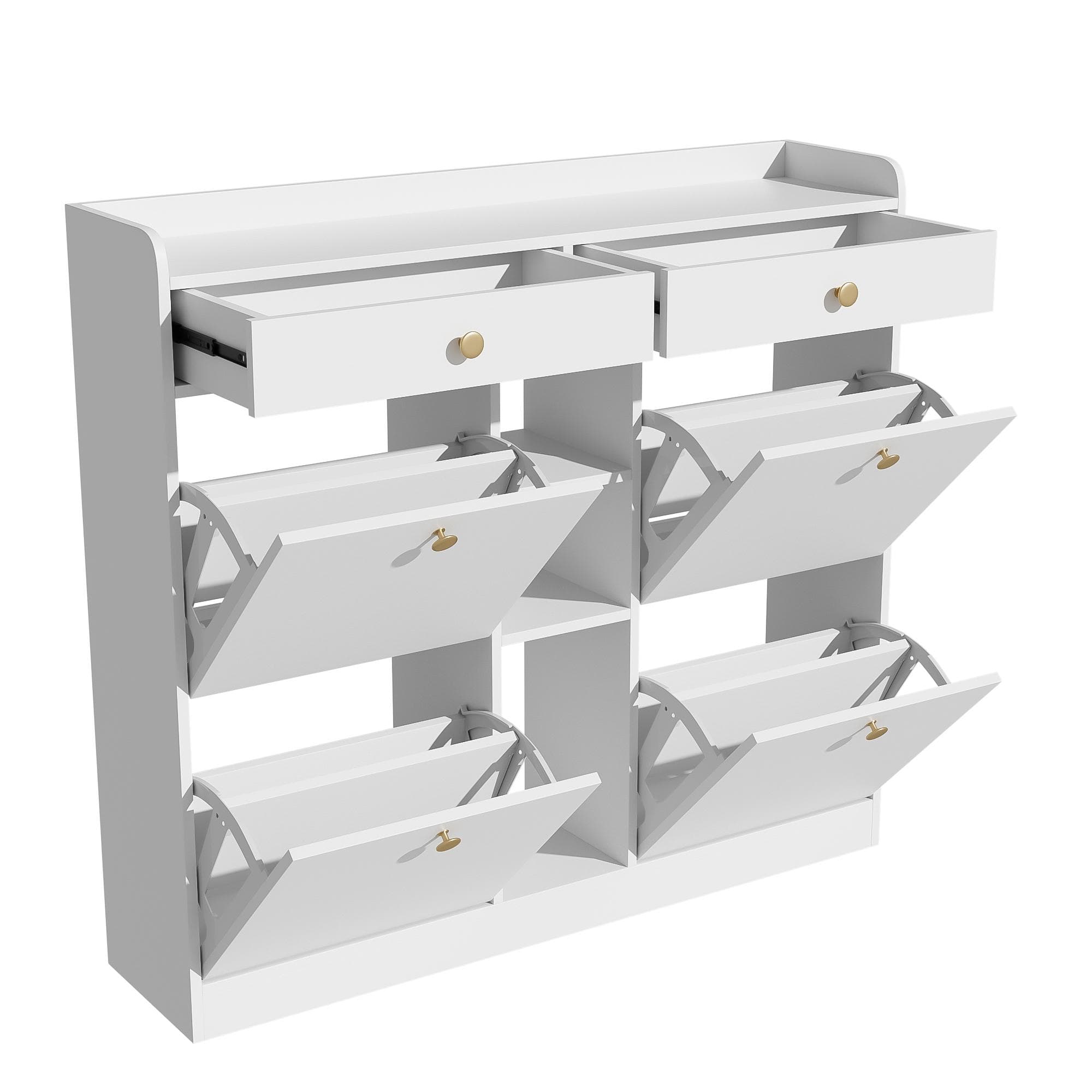 Meuble à chaussures avec 4 portes rabattables, 2 tiroirs et 3 compartiments ouverts, 110x26x100 cm, Blanc