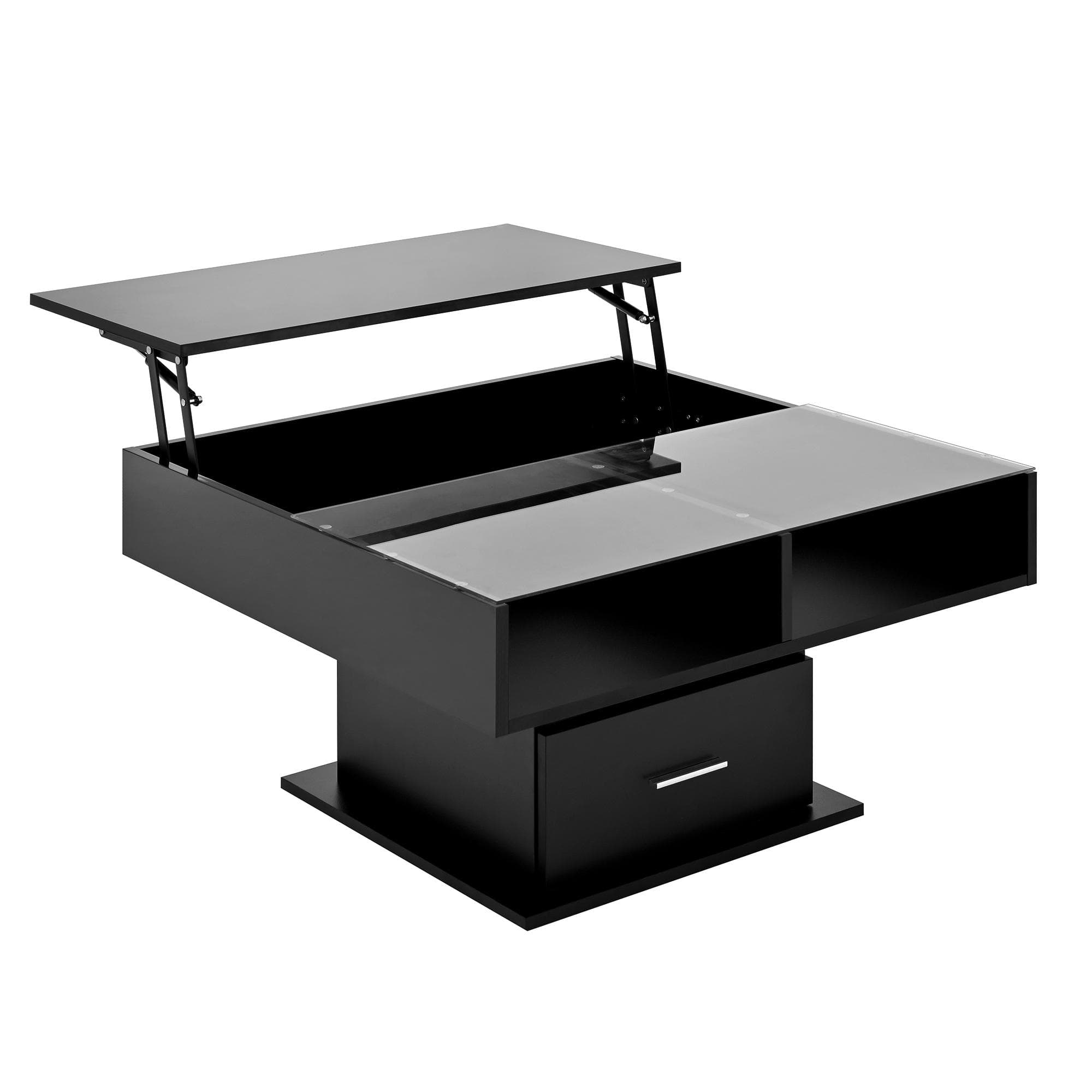 Table basse multifonction laquée brillante à mécanisme relevable avec éclairage LED, réglable en hauteur et rangement modulable, 78x78x45,5 cm, Noir
