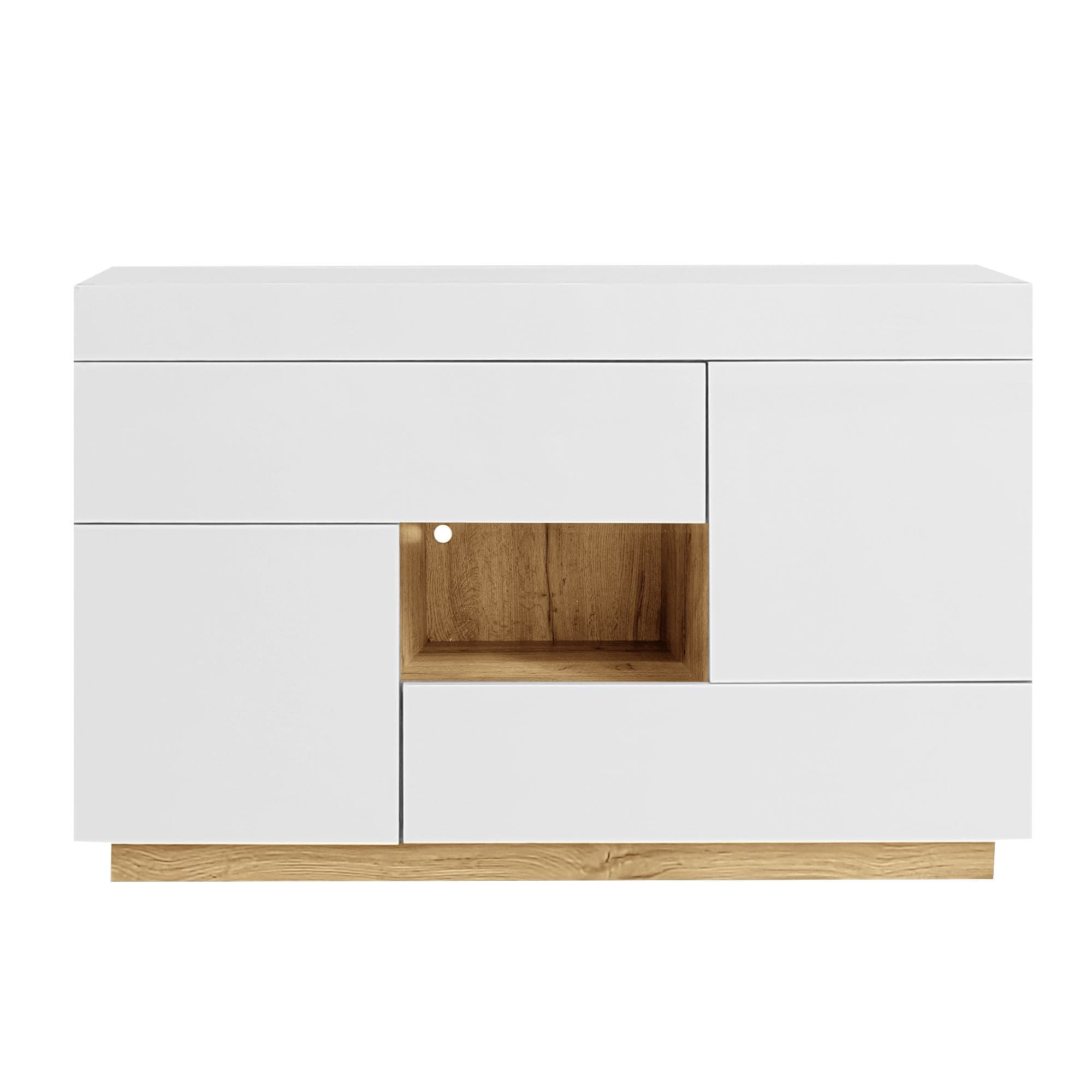 Buffet avec éclairage LED, vitrine avec tiroirs, 120x37x76,5 cm, Blanc