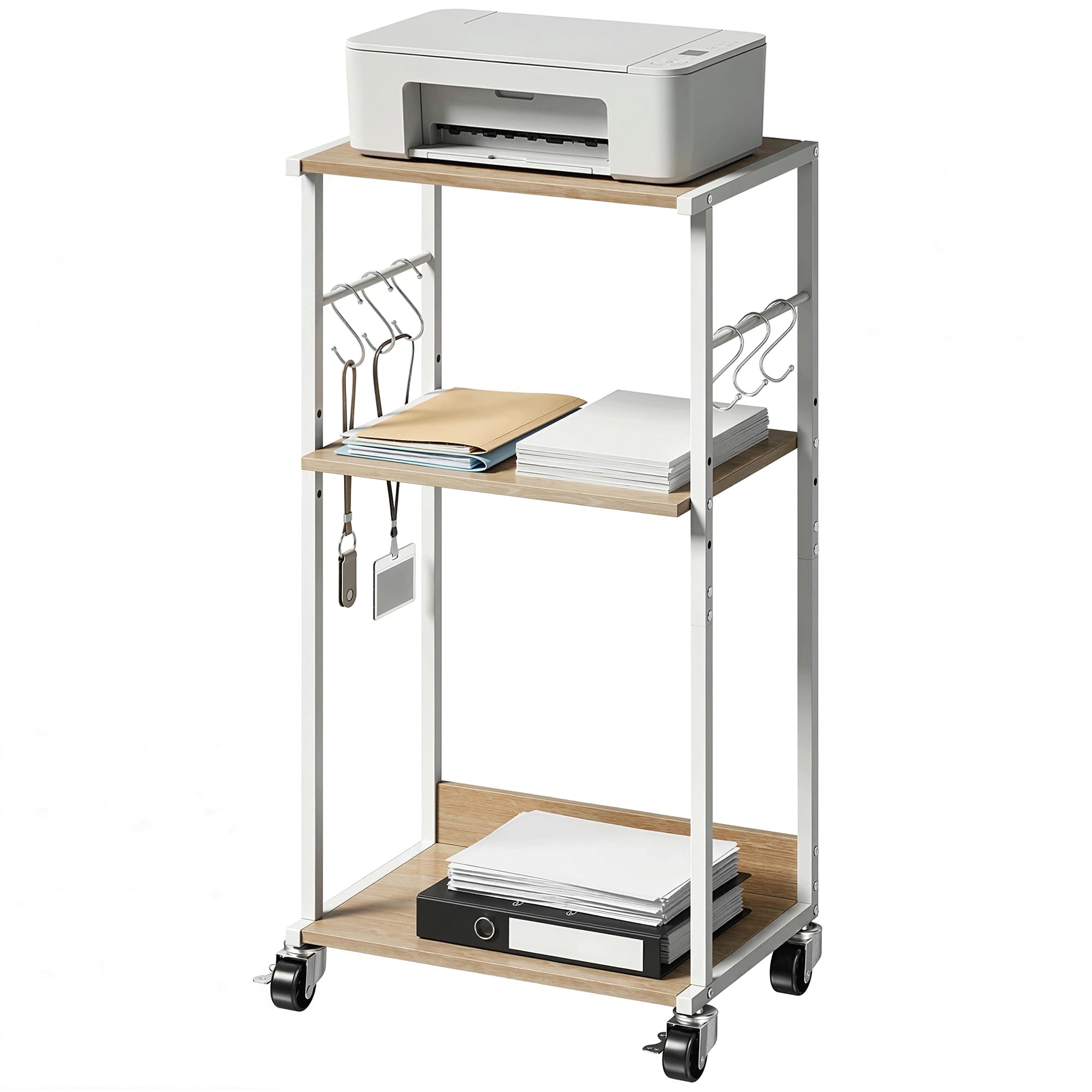 HOMCOM Support pour Imprimante 3 Niveaux avec Roulettes Meuble pour Imprimante avec Crochets et Cadre Métallique Bois Naturel