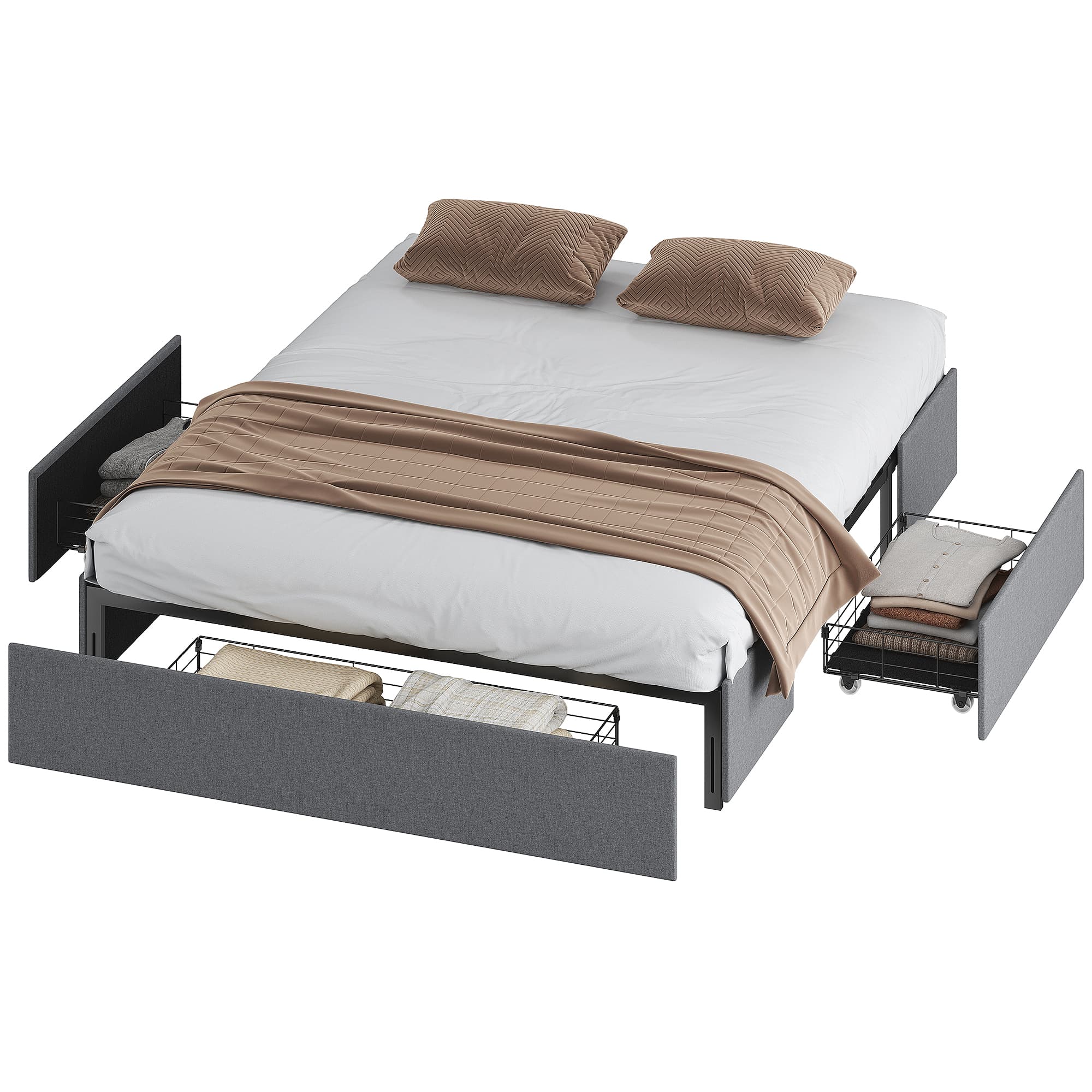 HOMCOM Structure de Lit Double à Lattes avec 3 Tiroirs, en Bois, Polyester et Métal, 165x193x30 cm, Gris