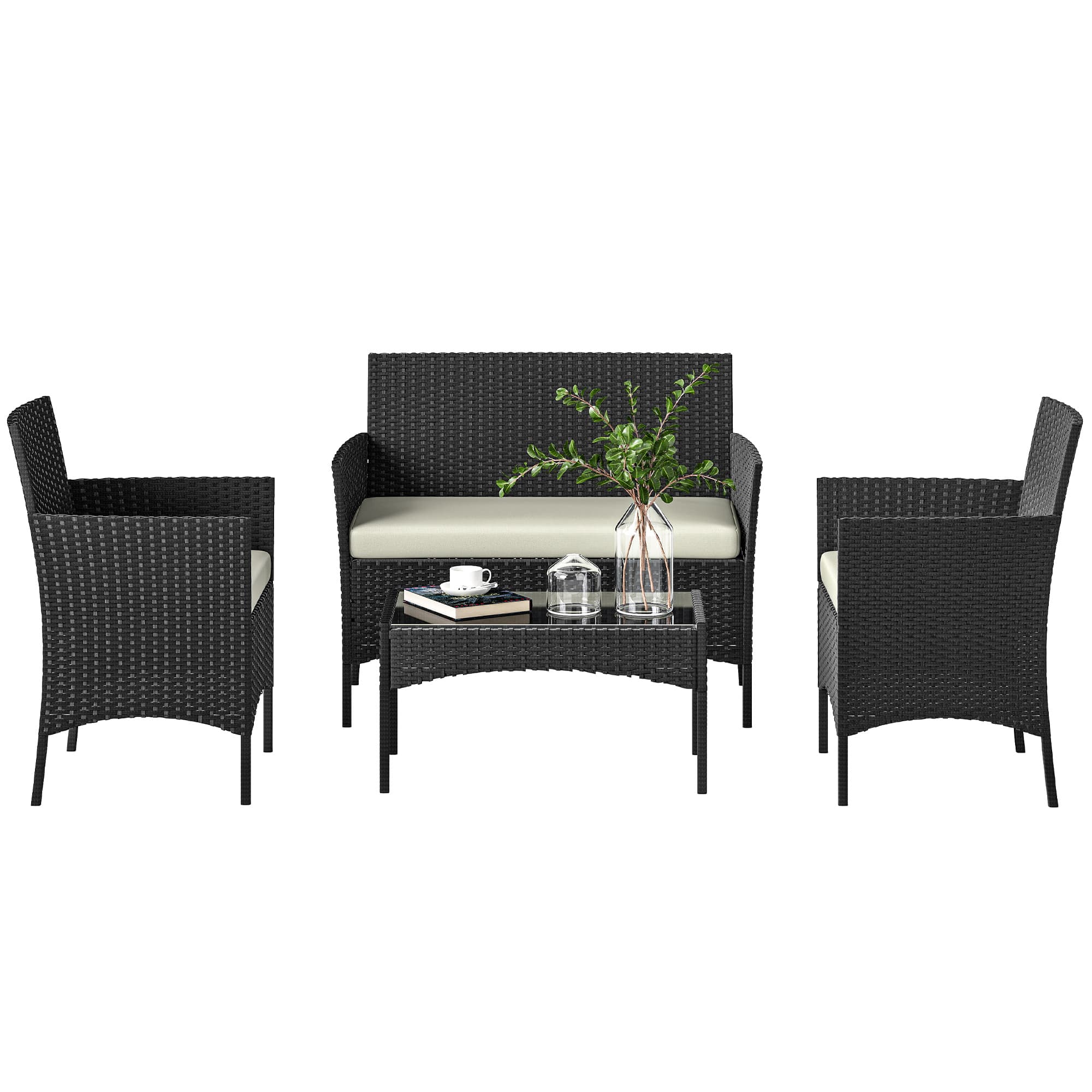 Outsunny Ensemble mobilier de jardin en rotin synthétique avec canapé, fauteuils et table en verre trempé et coussins Noir et Crème