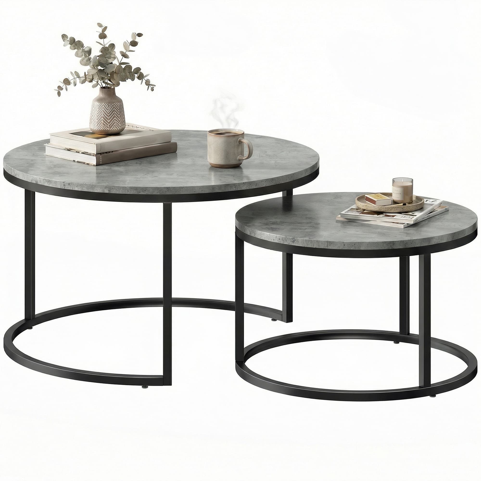 HOMCOM Table basse moderne set de 2, tables d'appoint empilables avec cadre métallique pour salon, chambre, bureau, Gris