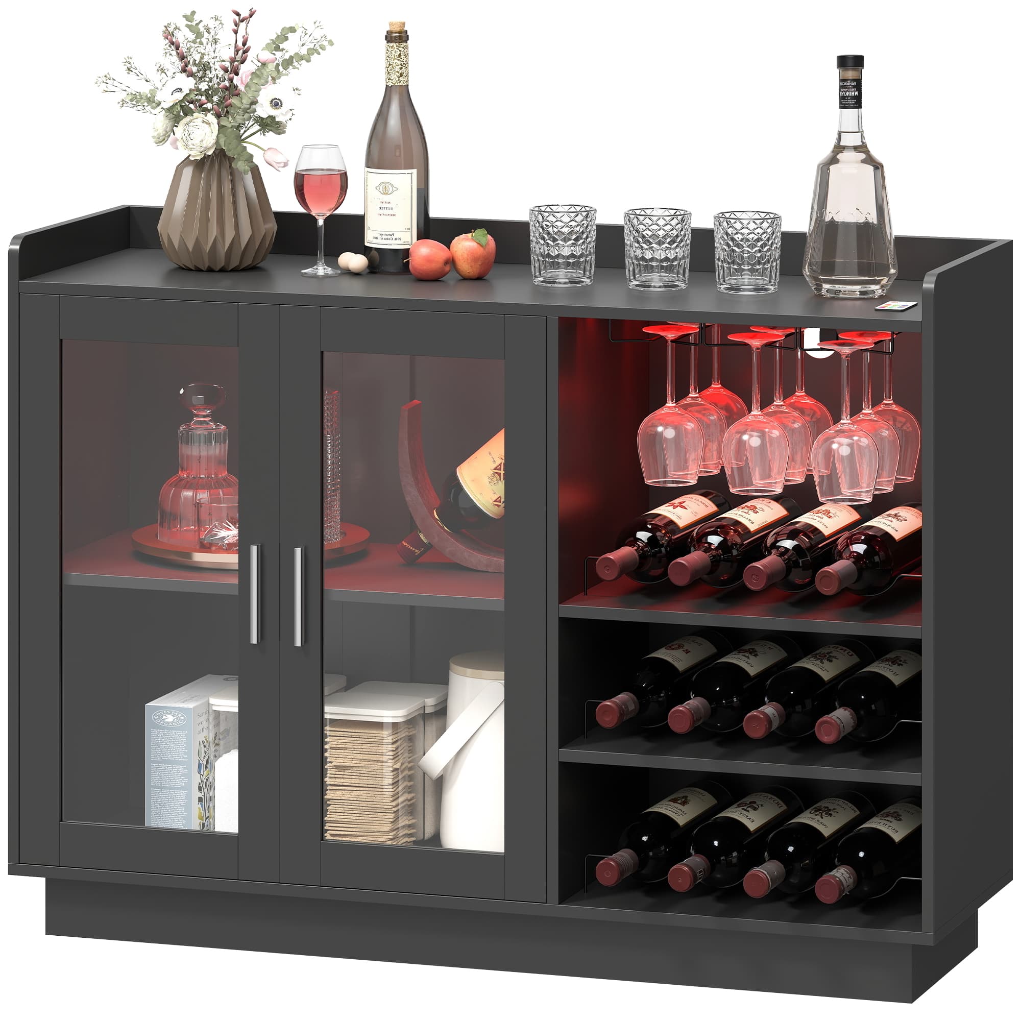 HOMCOM Meuble de bar avec éclairage LED RGB et range-bouteilles pour 12 bouteilles, armoire buffet pour vins pour salle à manger, salon, noir
