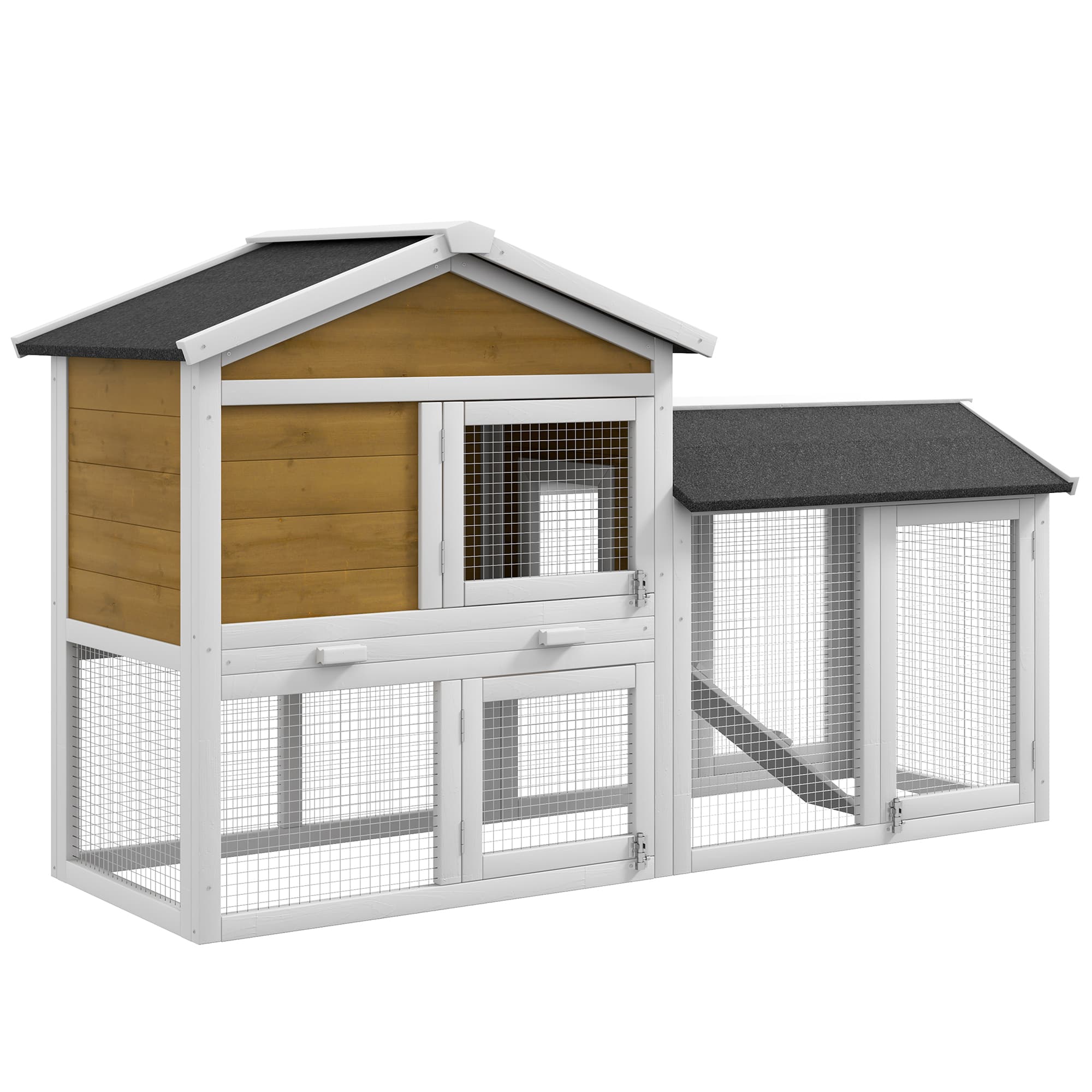 PawHut Clapier 2 étages Clapier en bois Cage à lapins avec toit bitumé Enclos Rampe Portes 147x54x84 cm Jaune