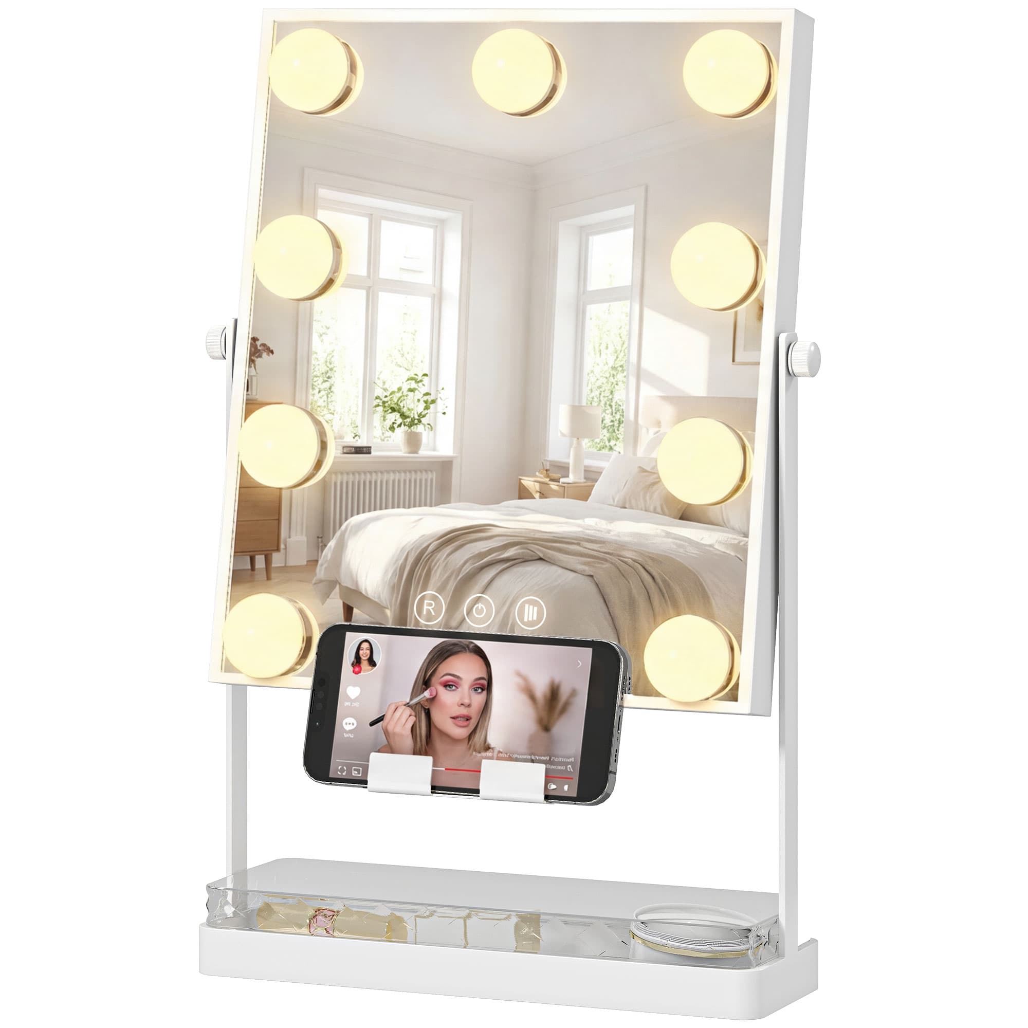HOMCOM Hollywood Miroir de Maquillage avec Éclairage 9 Ampoules LED 3 Couleurs Interrupteur Tactile Support pour Téléphone Blanc